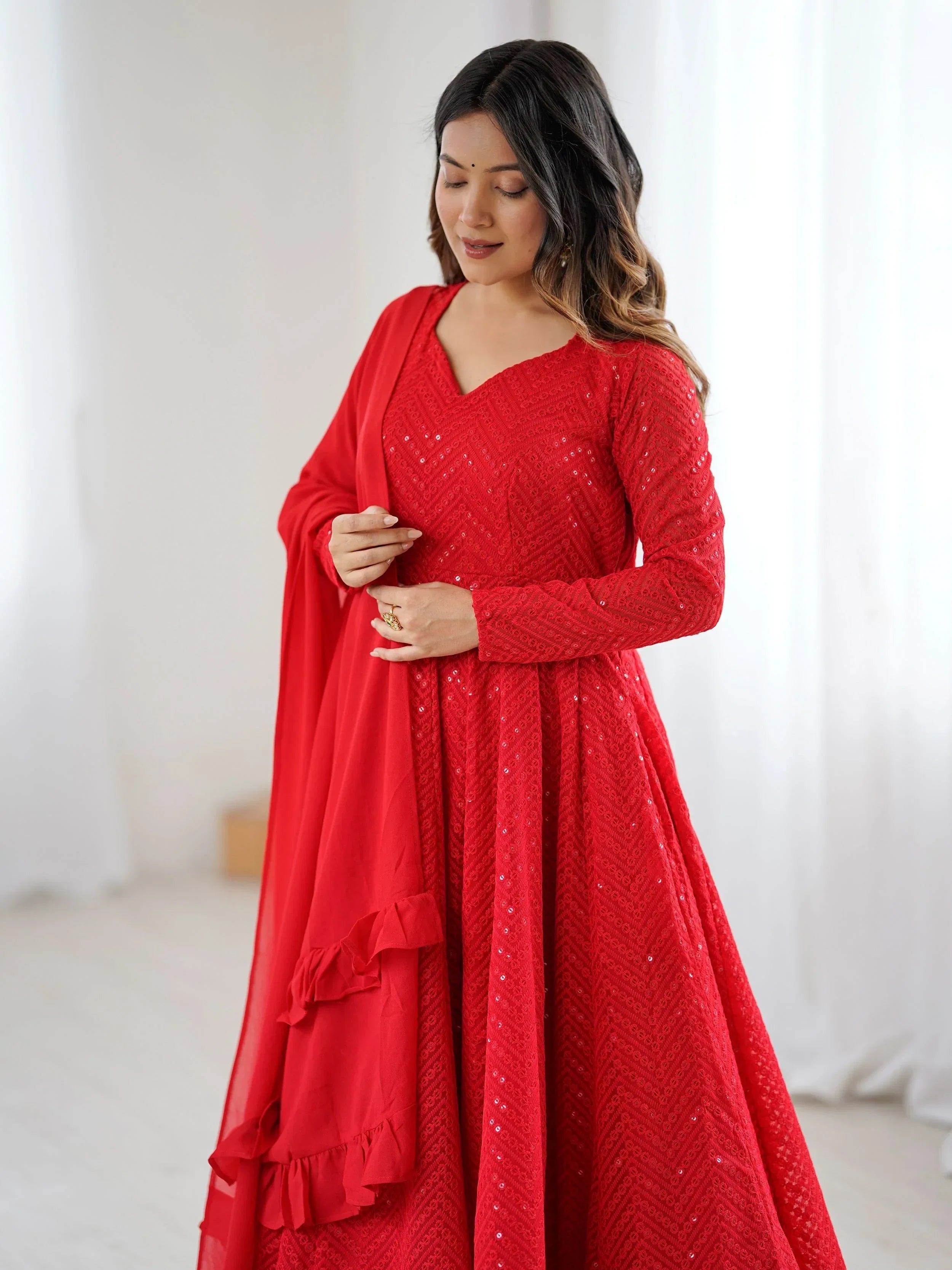 Red Incredible Lucknawi Work Georgette Anarkali Suit With Ruffle Dupatta