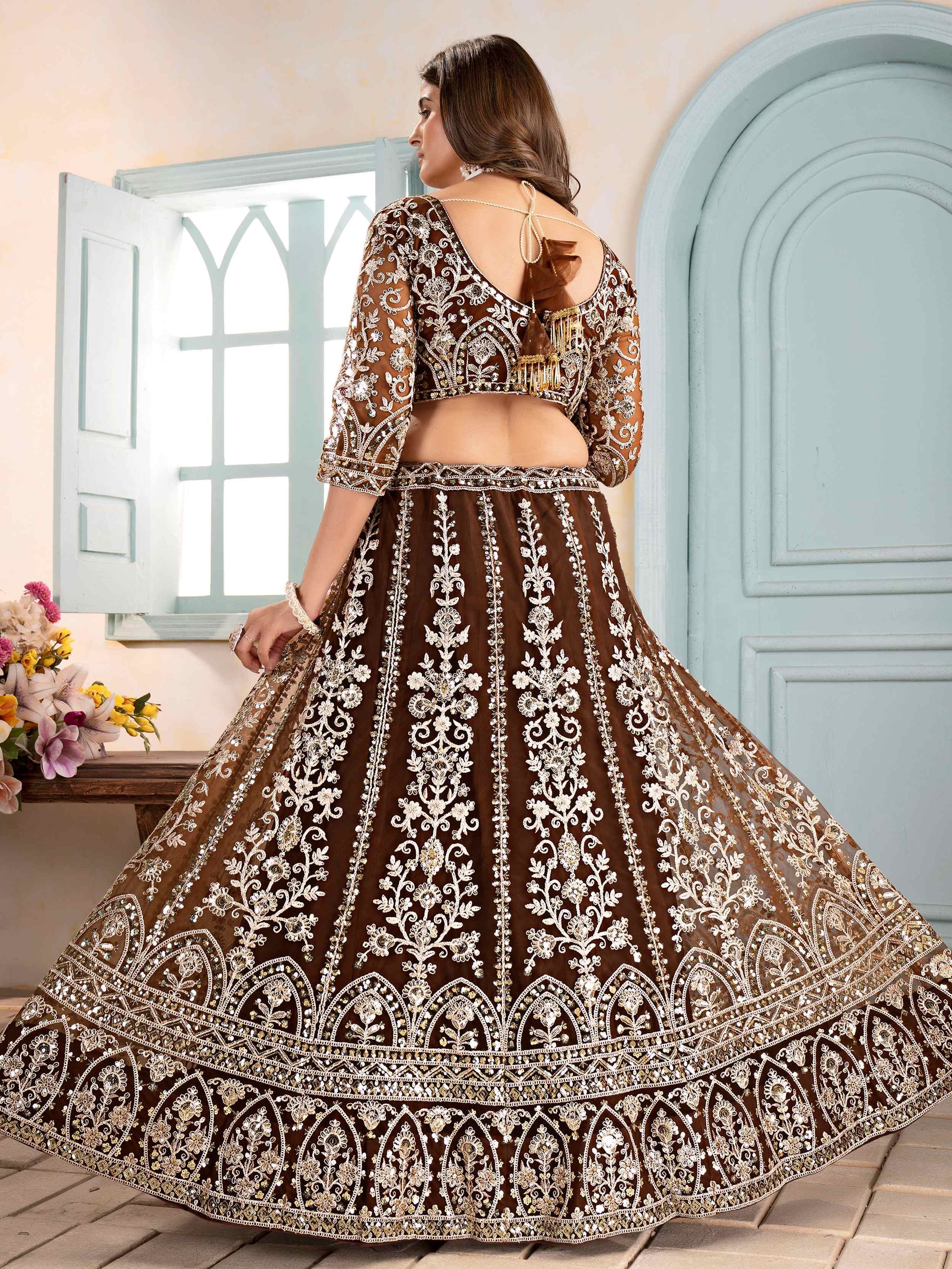 Brown Captivating Net Sequins Embroidered Bridesmaid Lehenga Choli