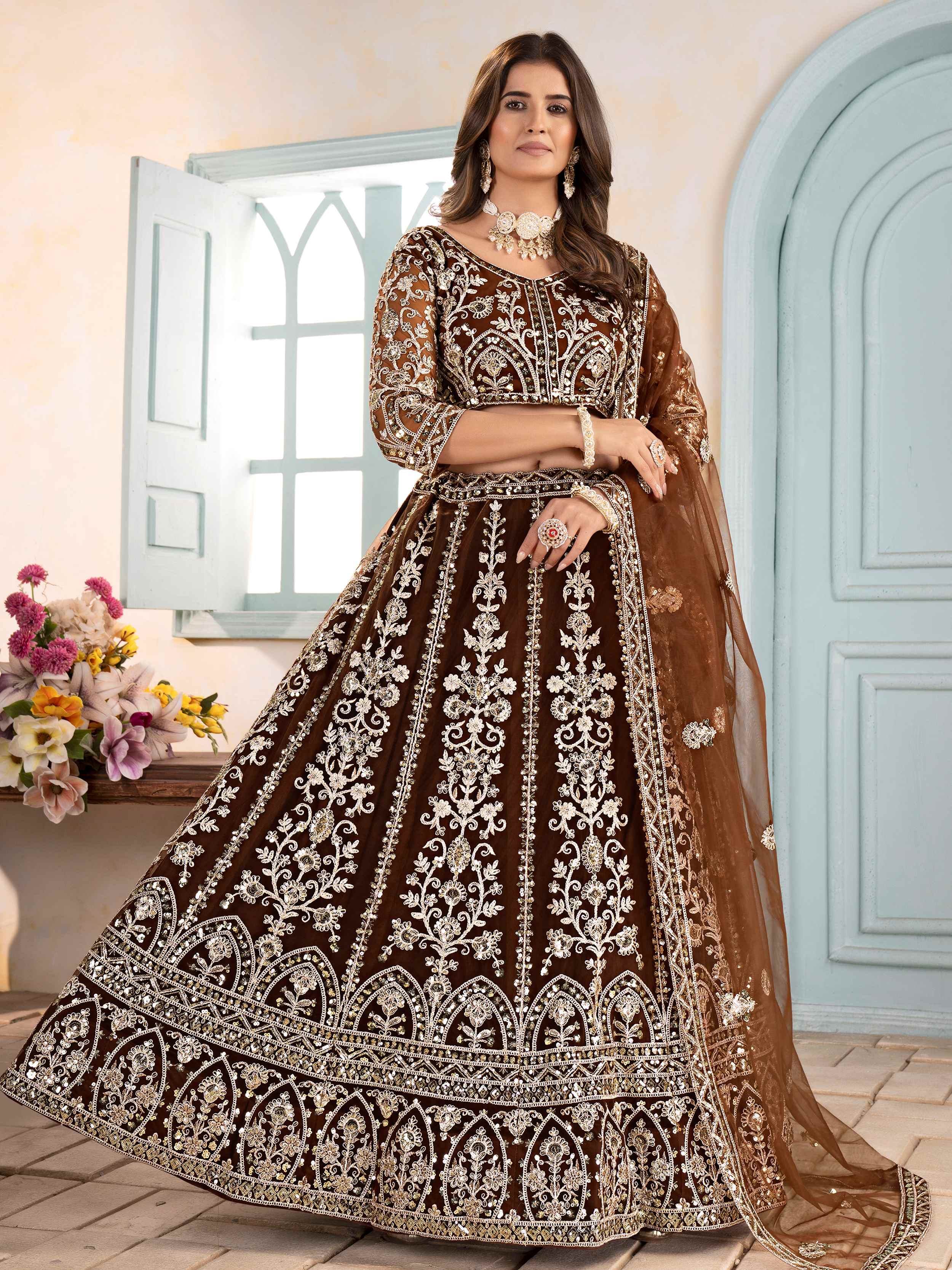 Brown Captivating Net Sequins Embroidered Bridesmaid Lehenga Choli
