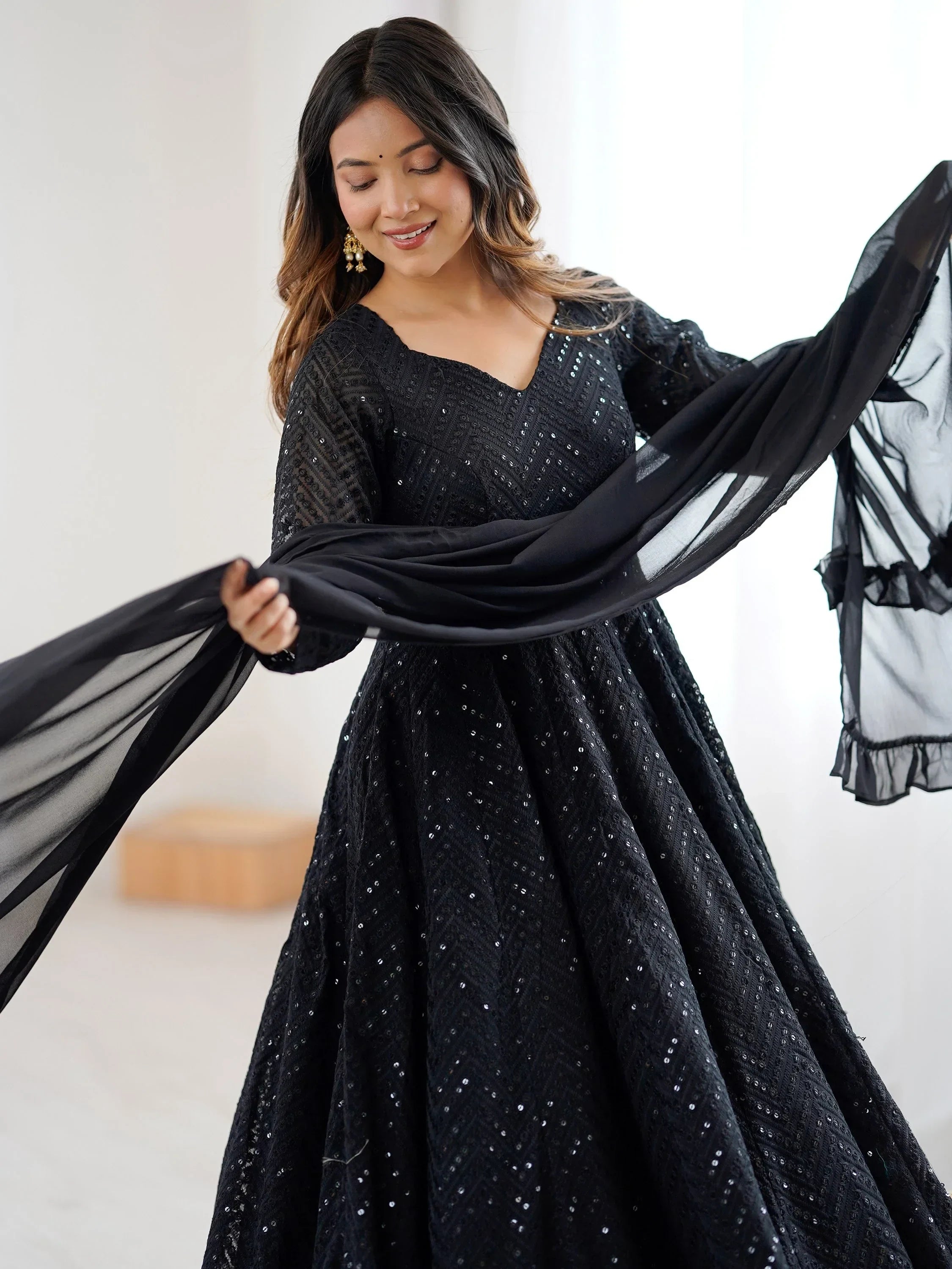 Black Incredible Lucknawi Work Georgette Anarkali Suit With Ruffle Dupatta
