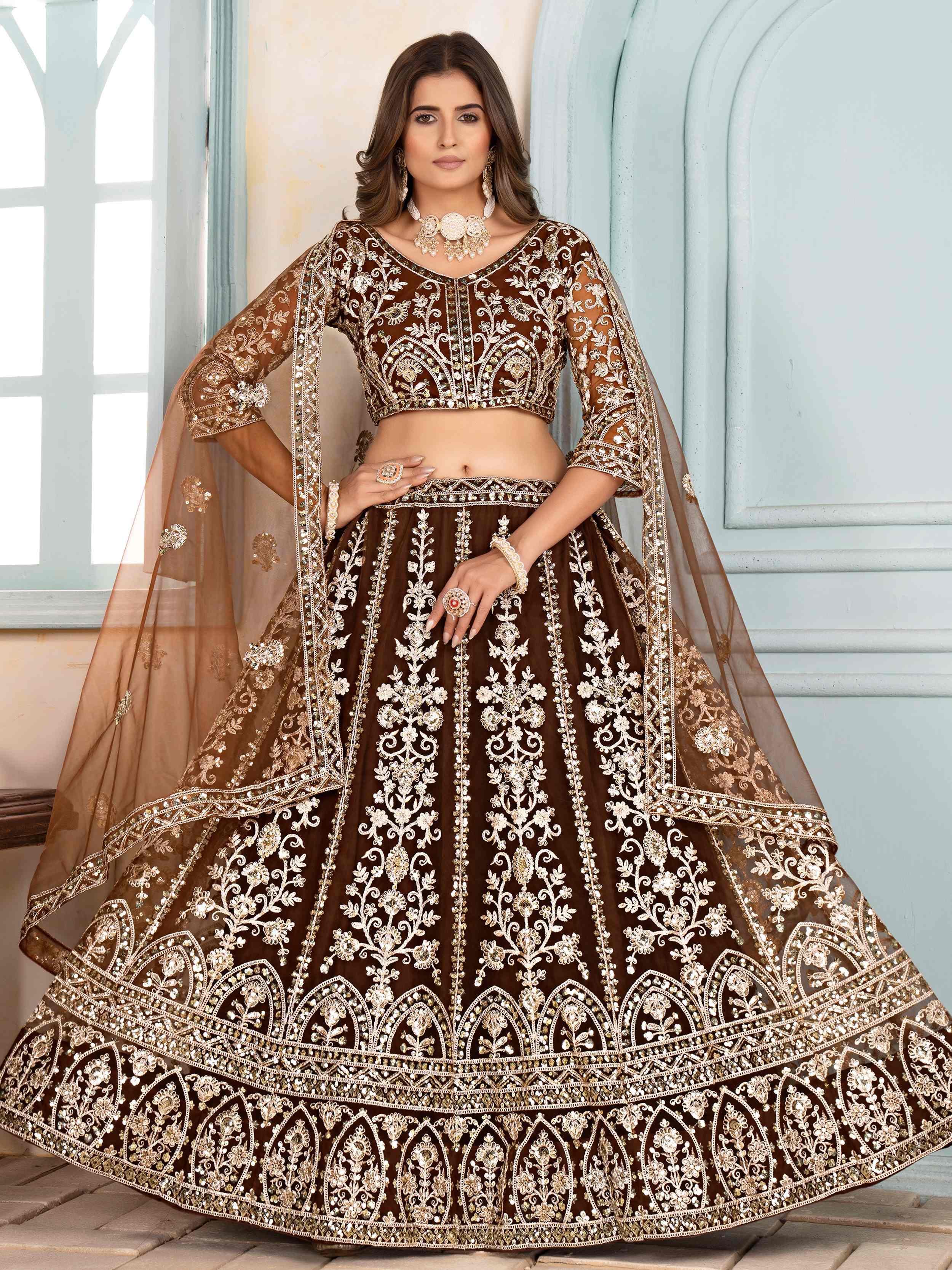 Brown Captivating Net Sequins Embroidered Bridesmaid Lehenga Choli
