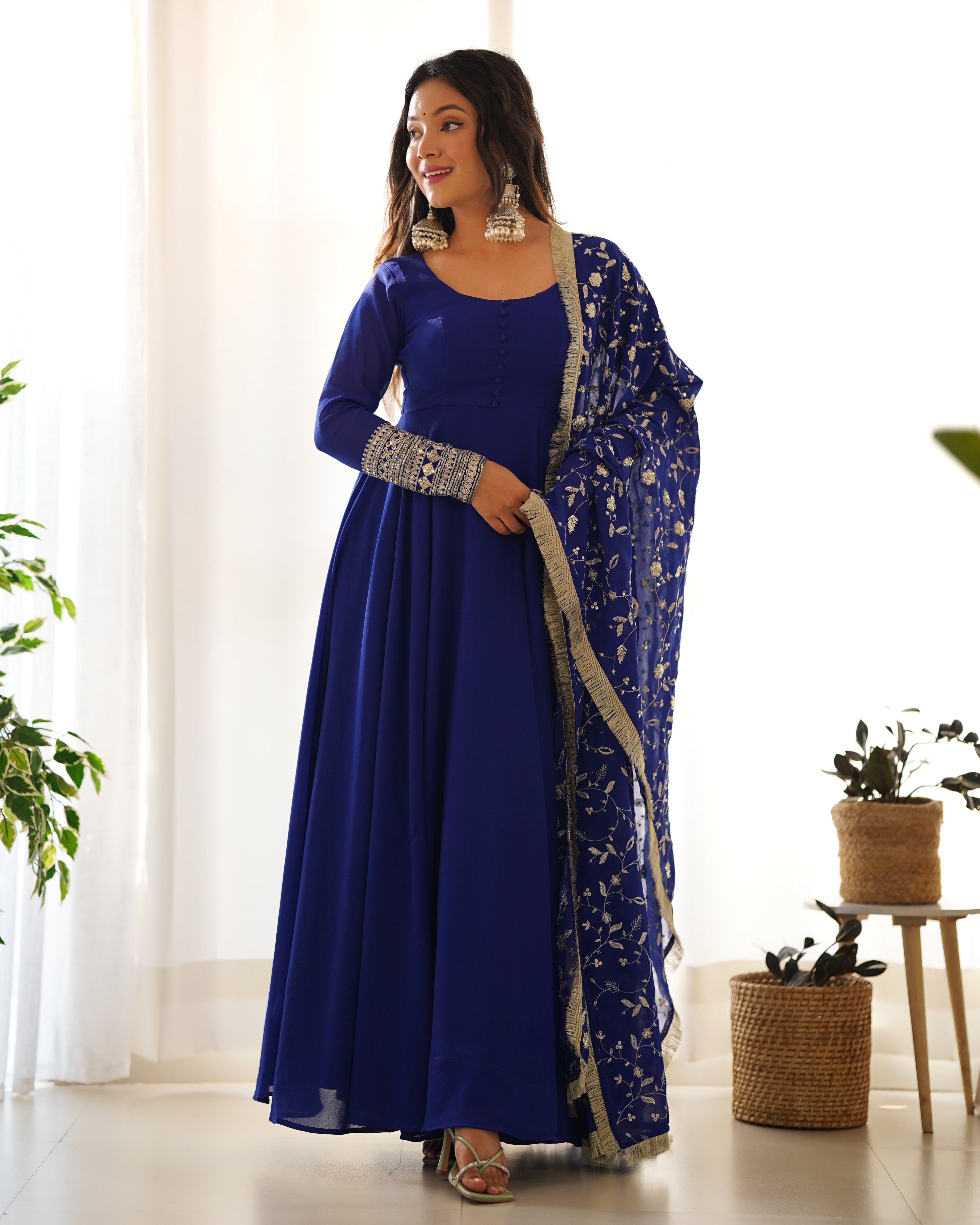 Blue Pure Soft Georgette Anarkali Suit Set with Huge Flair & Dupatta for Festivals