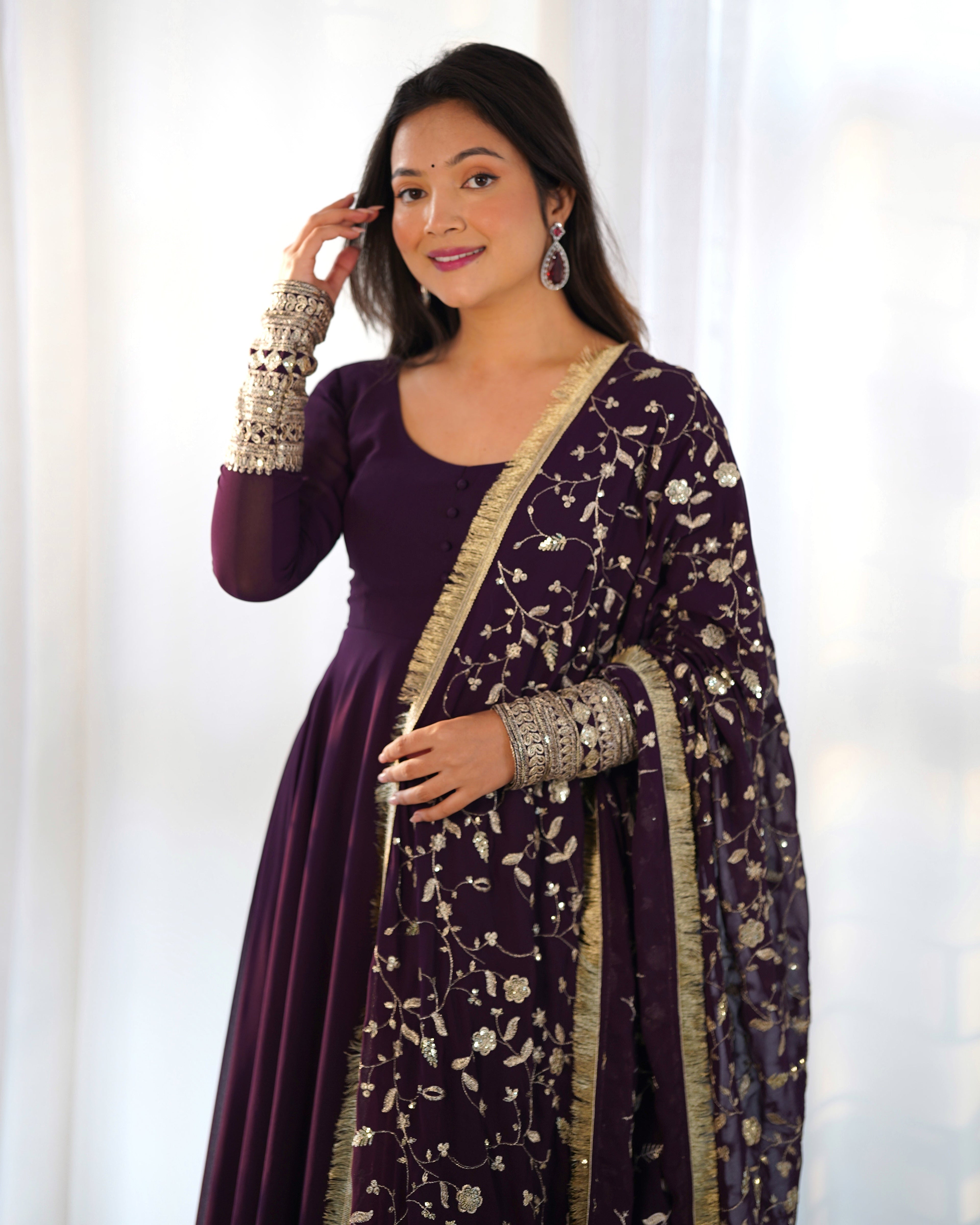 Wine Pure Soft Georgette Anarkali Suit Set with Huge Flair & Dupatta for Festivals
