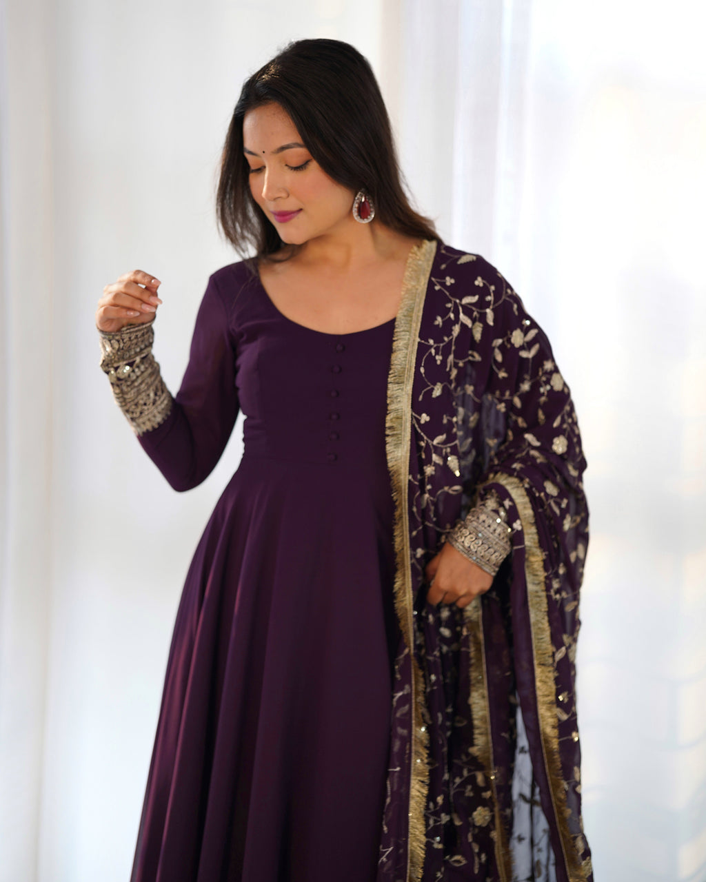 Wine Pure Soft Georgette Anarkali Suit Set with Huge Flair & Dupatta for Festivals