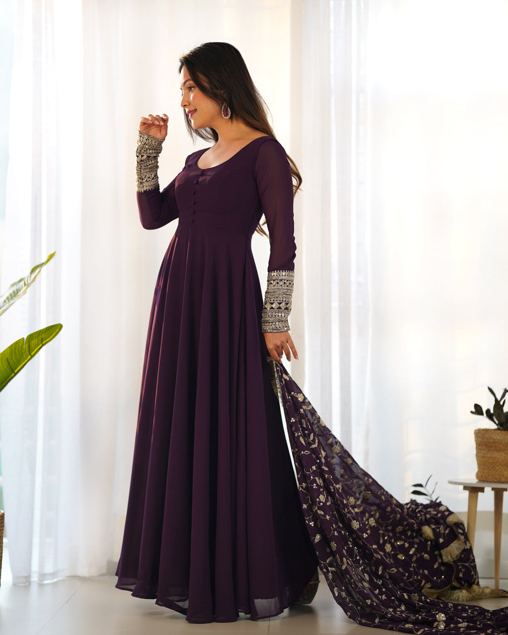 Wine Pure Soft Georgette Anarkali Suit Set with Huge Flair & Dupatta for Festivals