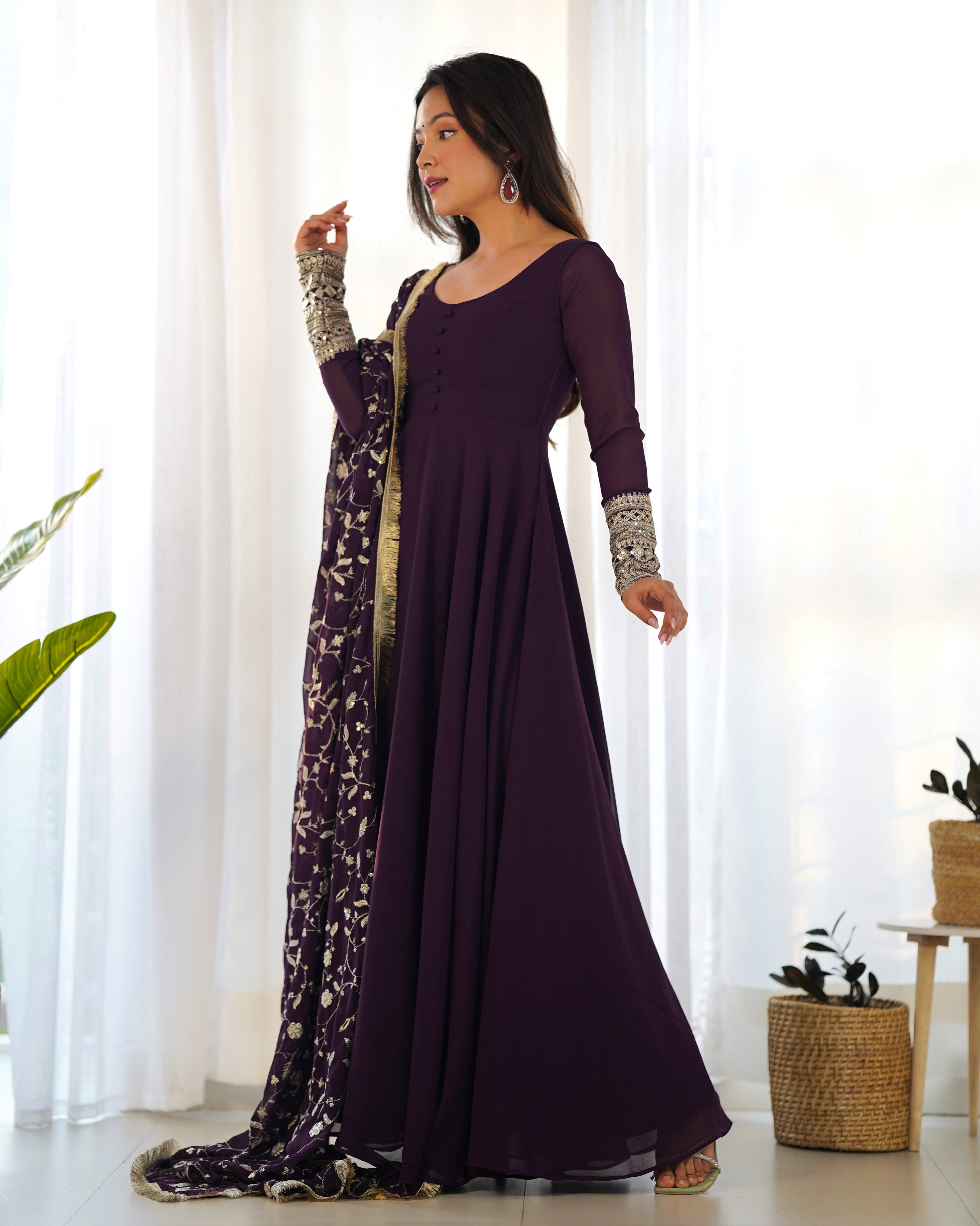 Wine Pure Soft Georgette Anarkali Suit Set with Huge Flair & Dupatta for Festivals