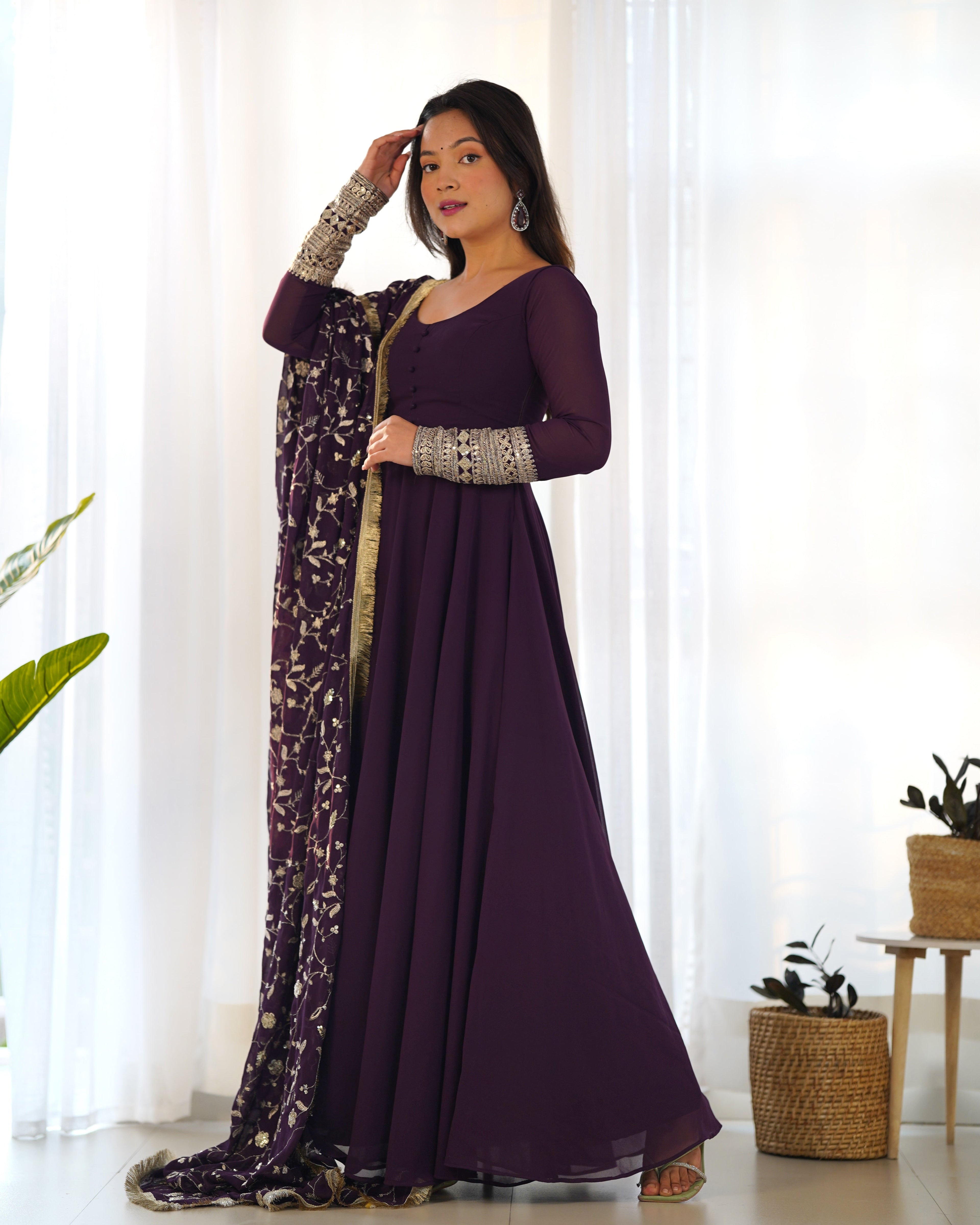 Wine Pure Soft Georgette Anarkali Suit Set with Huge Flair & Dupatta for Festivals