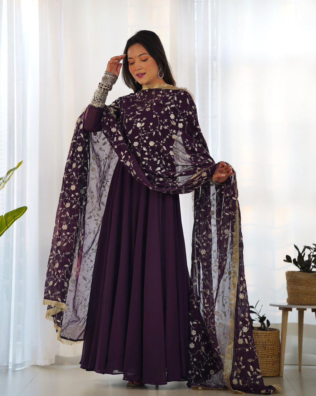 Wine Pure Soft Georgette Anarkali Suit Set with Huge Flair & Dupatta for Festivals