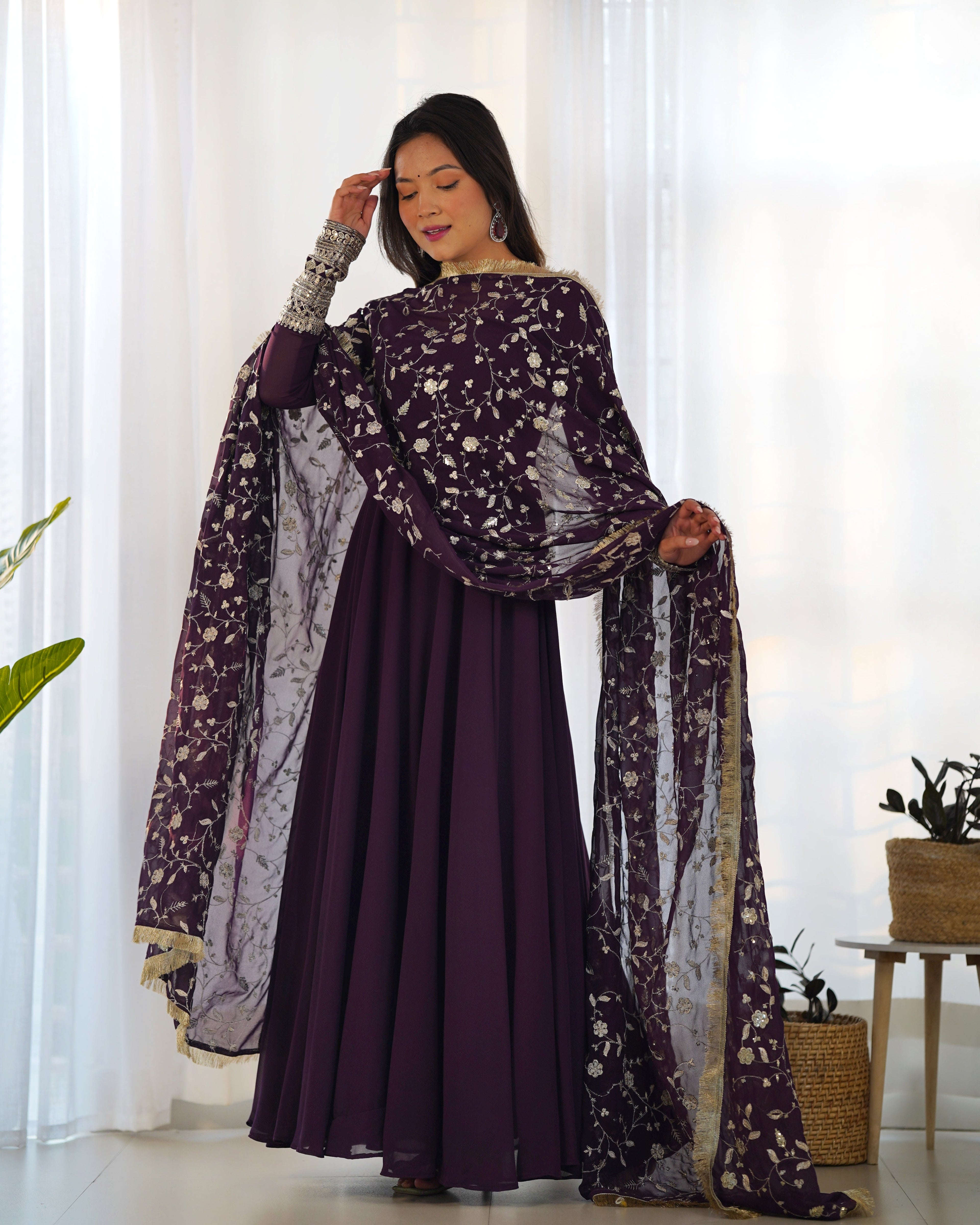 Wine Pure Soft Georgette Anarkali Suit Set with Huge Flair & Dupatta for Festivals