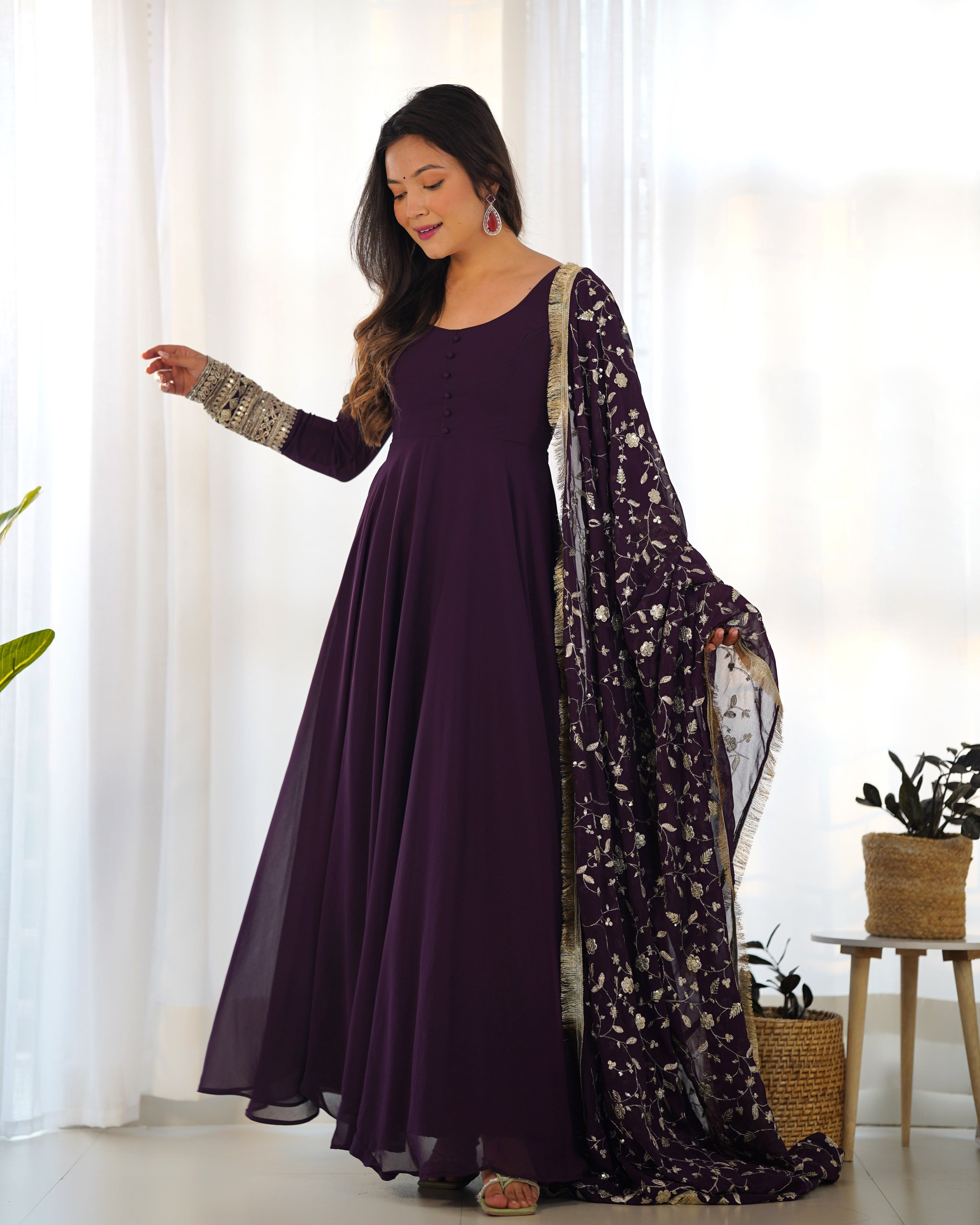 Wine Pure Soft Georgette Anarkali Suit Set with Huge Flair & Dupatta for Festivals