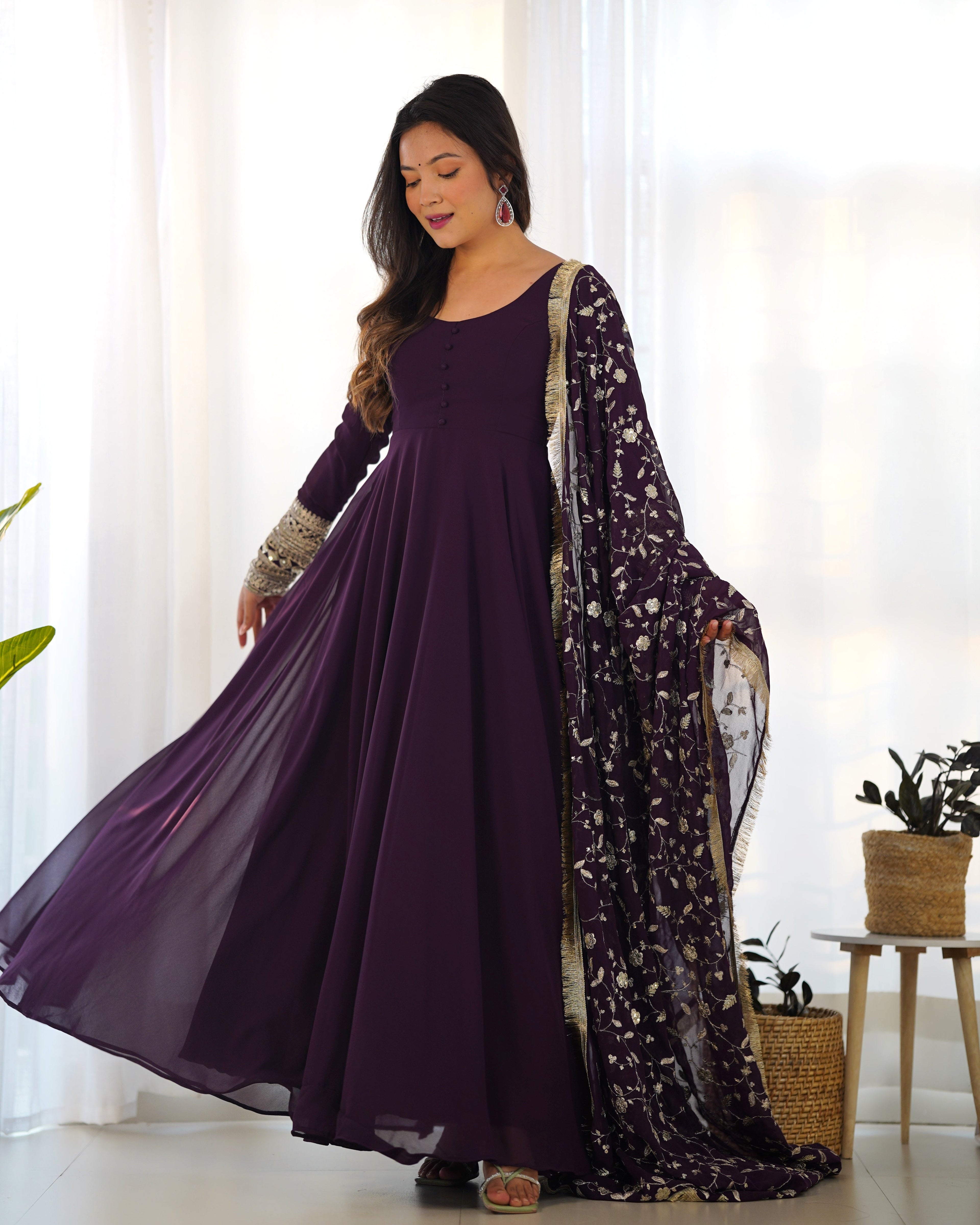 Wine Pure Soft Georgette Anarkali Suit Set with Huge Flair & Dupatta for Festivals
