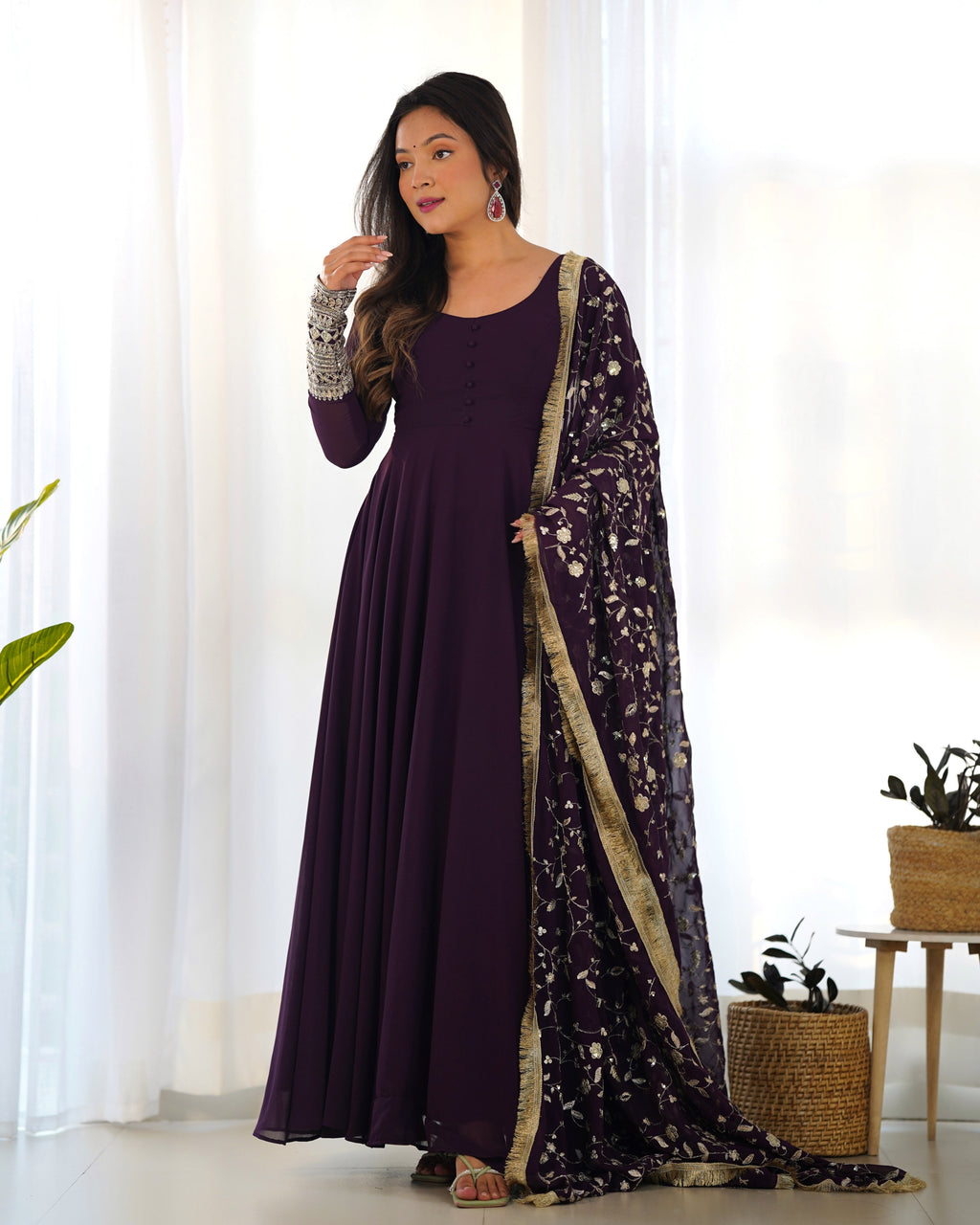 Wine Pure Soft Georgette Anarkali Suit Set with Huge Flair & Dupatta for Festivals