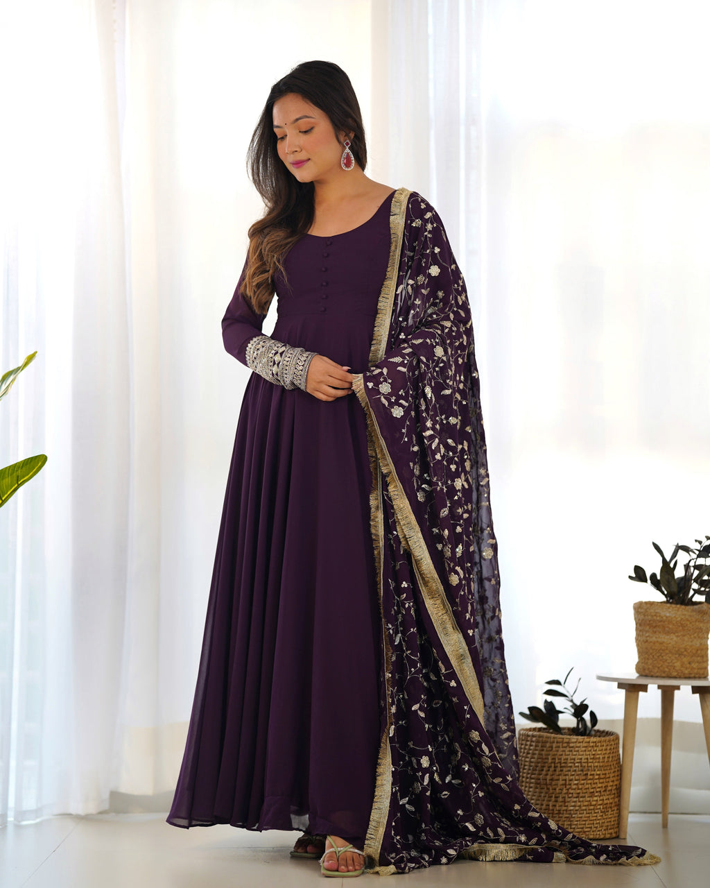 Wine Pure Soft Georgette Anarkali Suit Set with Huge Flair & Dupatta for Festivals