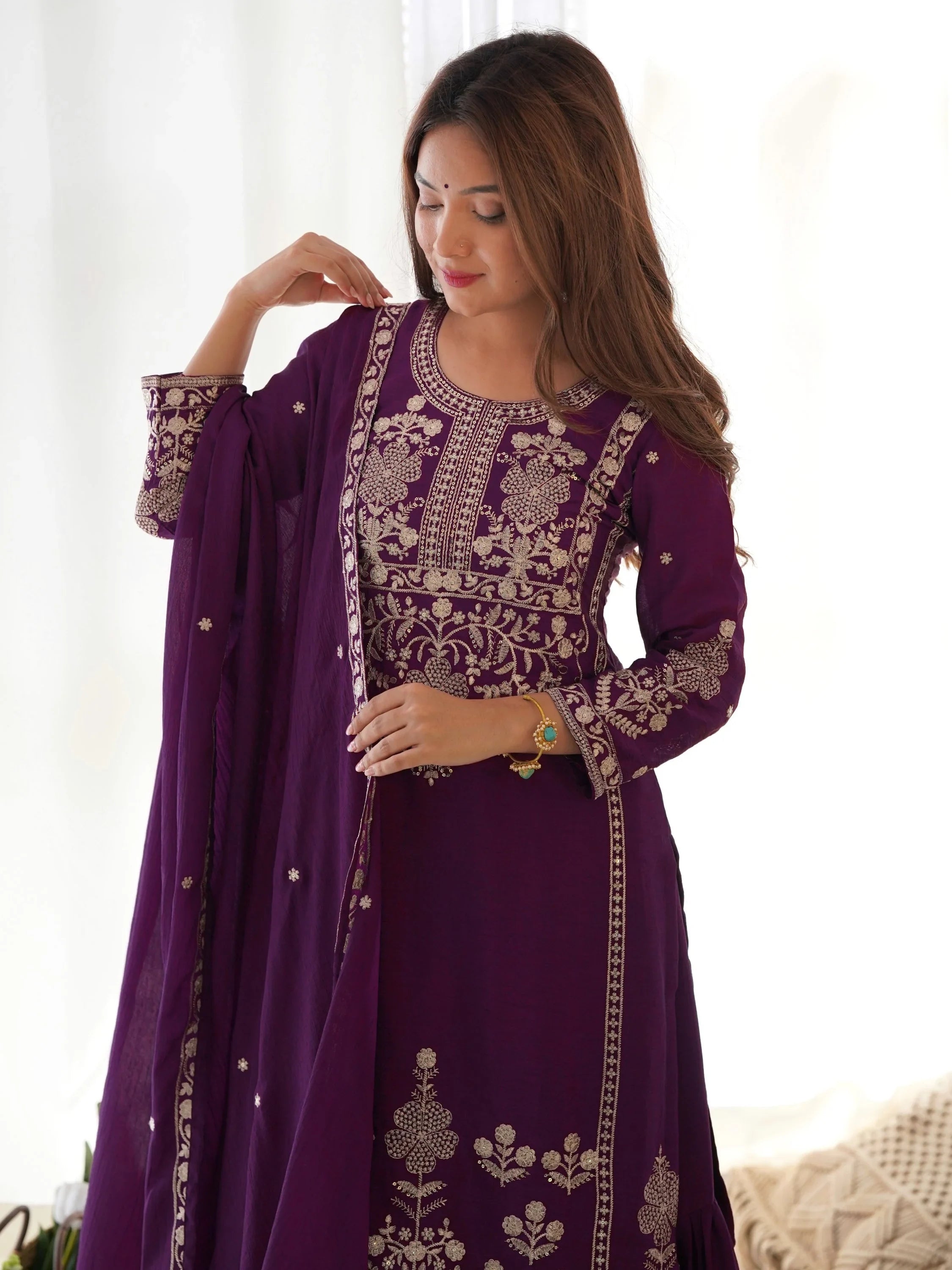 Attractive Purple Embroidered Chinon Wedding Wear Sharara Suit