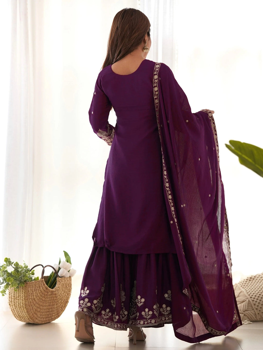 Attractive Purple Embroidered Chinon Wedding Wear Sharara Suit