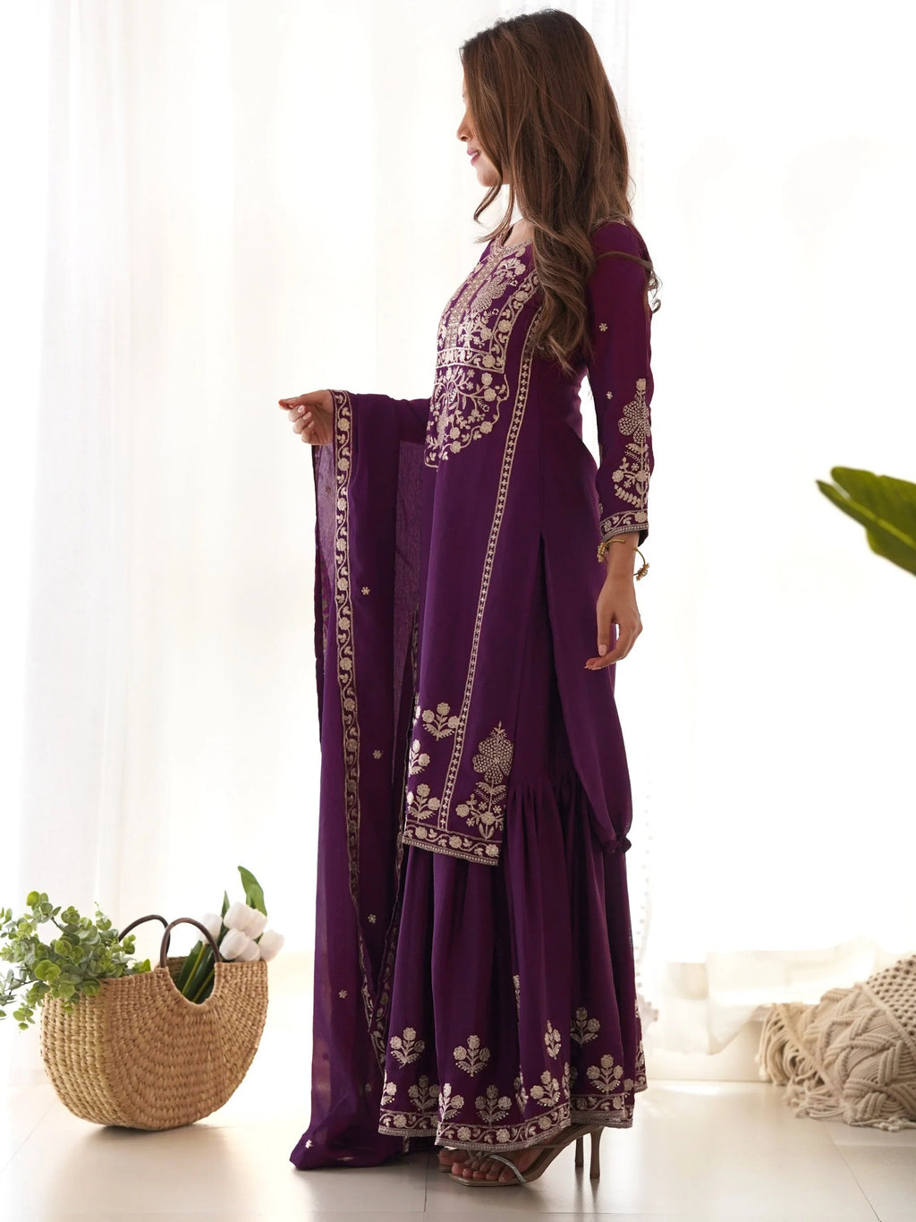 Attractive Purple Embroidered Chinon Wedding Wear Sharara Suit