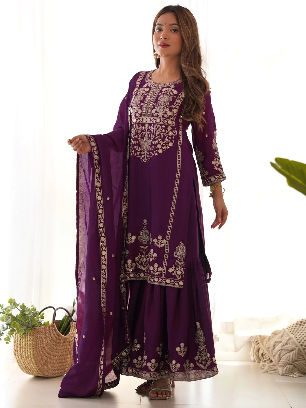 Attractive Purple Embroidered Chinon Wedding Wear Sharara Suit