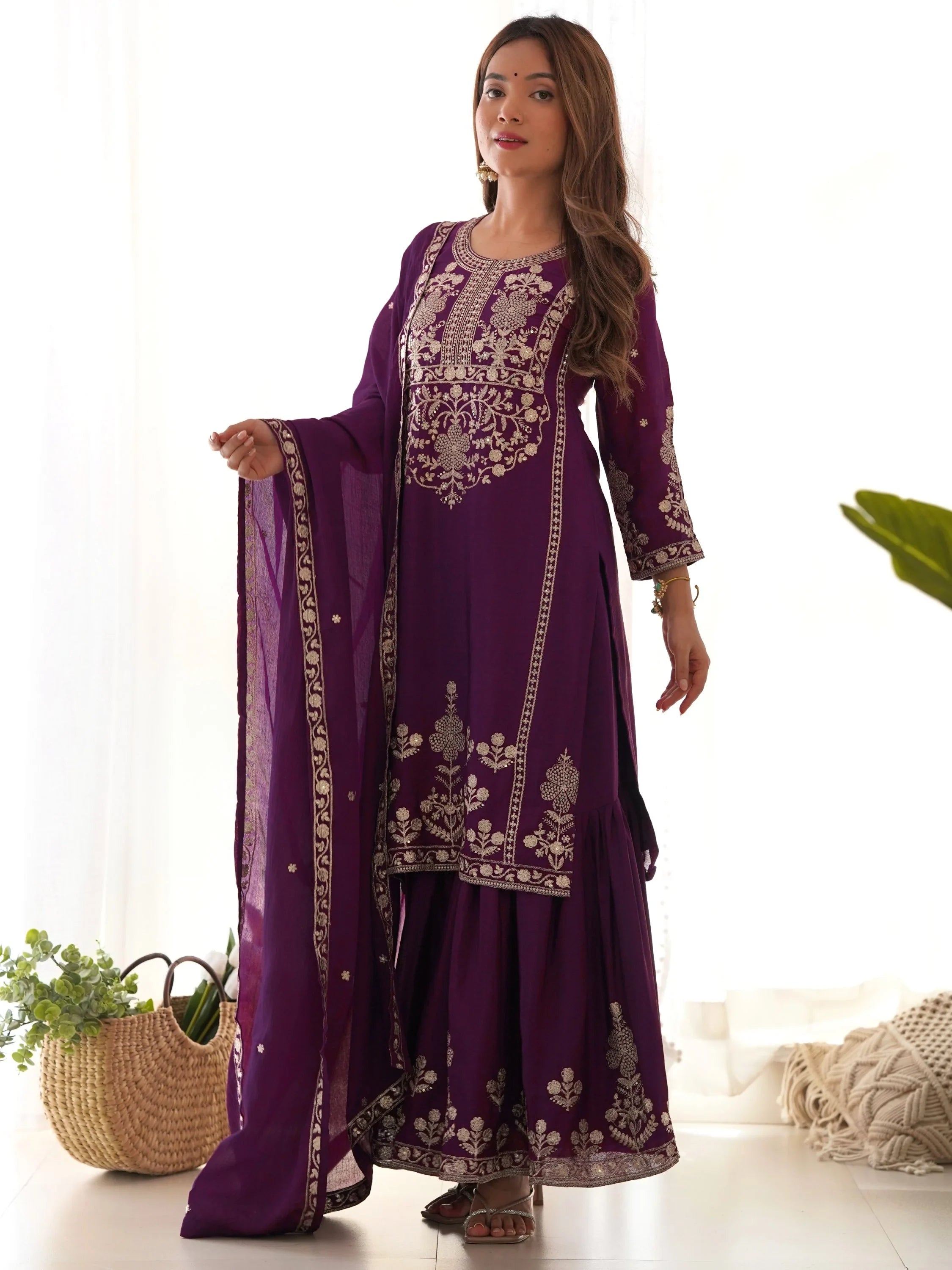 Attractive Purple Embroidered Chinon Wedding Wear Sharara Suit