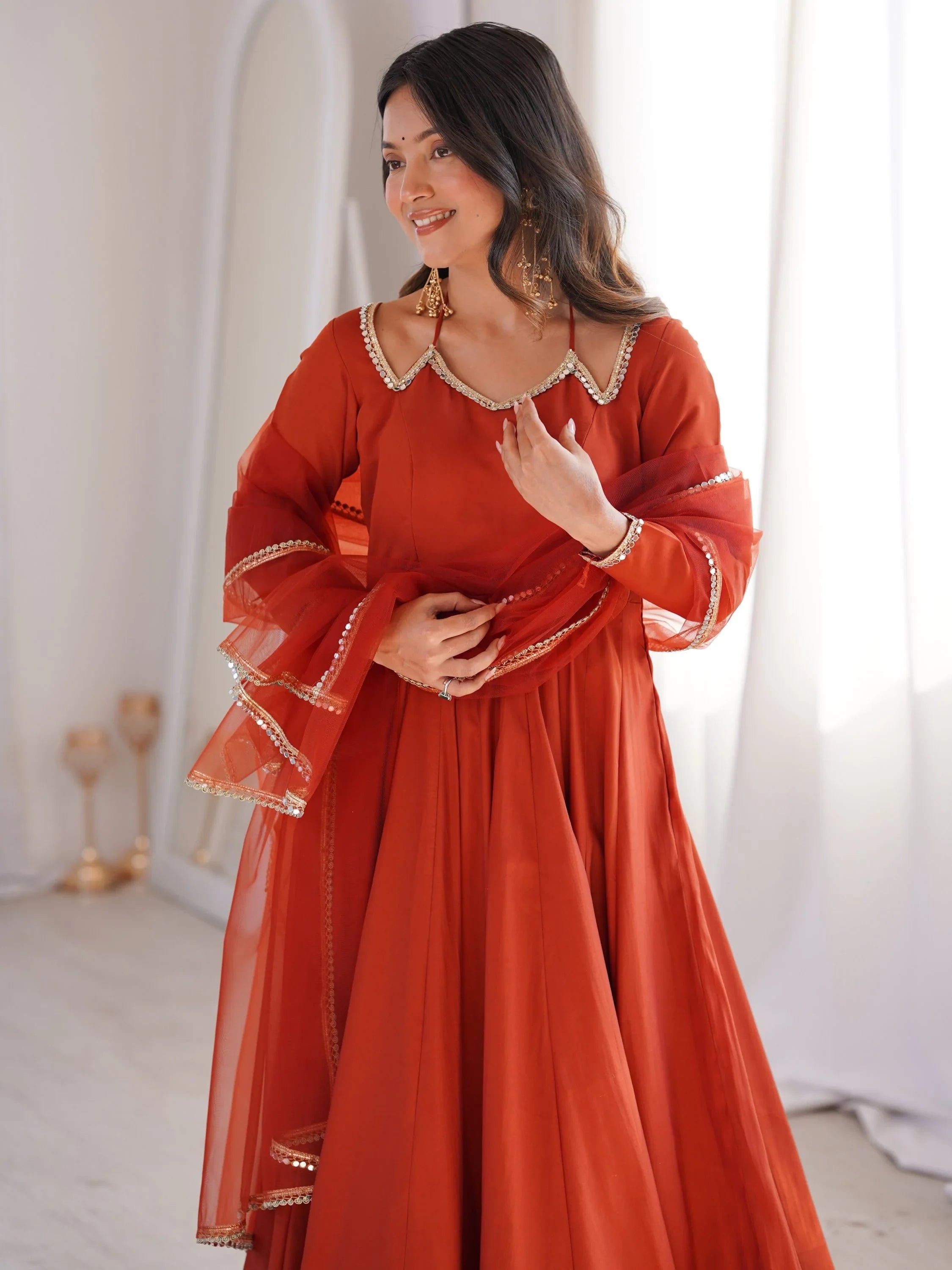 Rust Charming Plain Georgette Wedding Wear Anarakali Suit