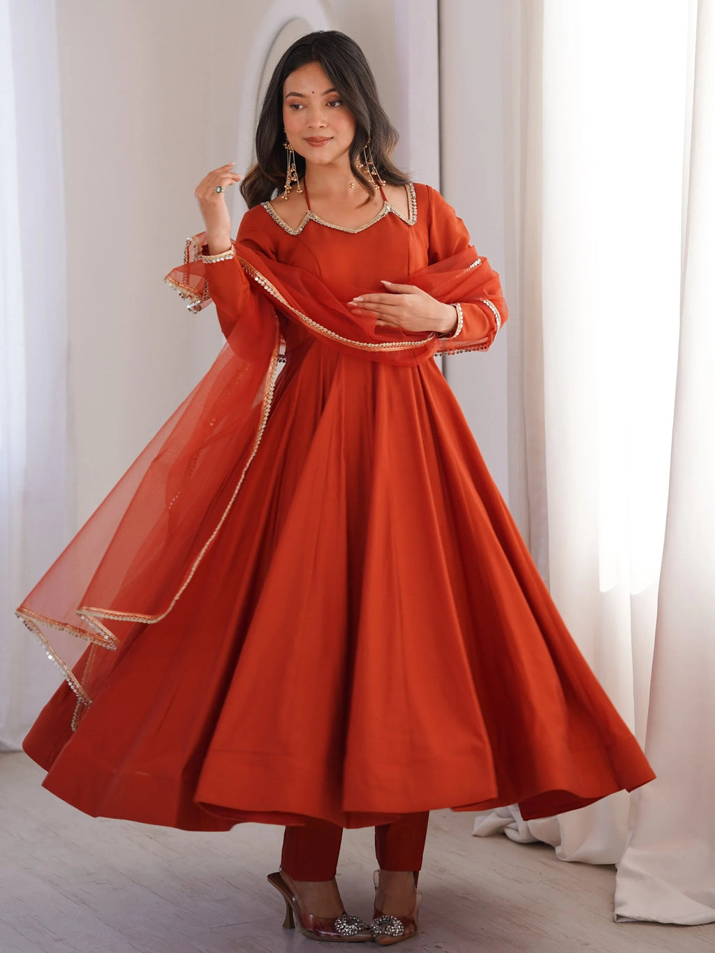 Rust Charming Plain Georgette Wedding Wear Anarakali Suit