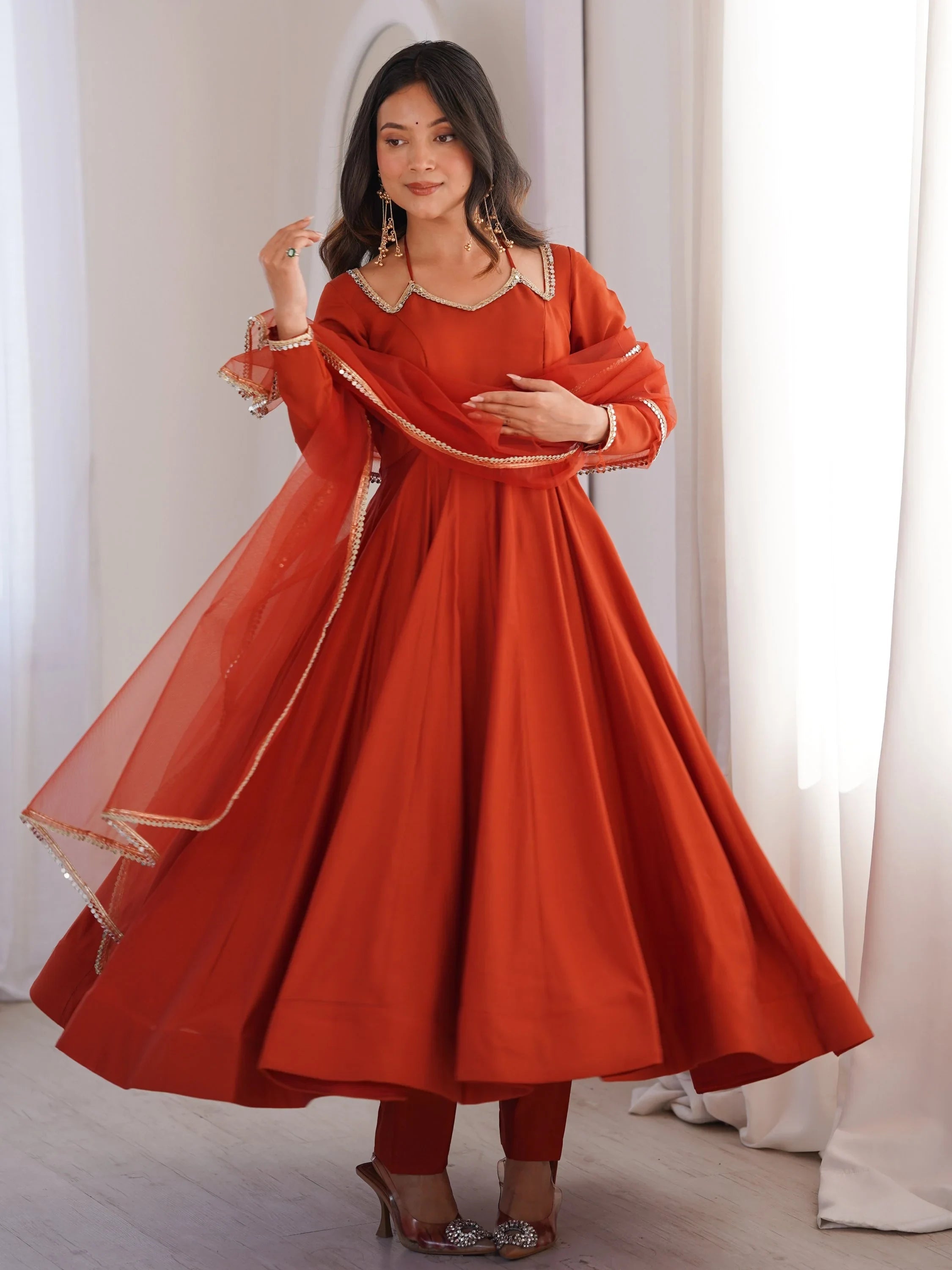Rust Charming Plain Georgette Wedding Wear Anarakali Suit