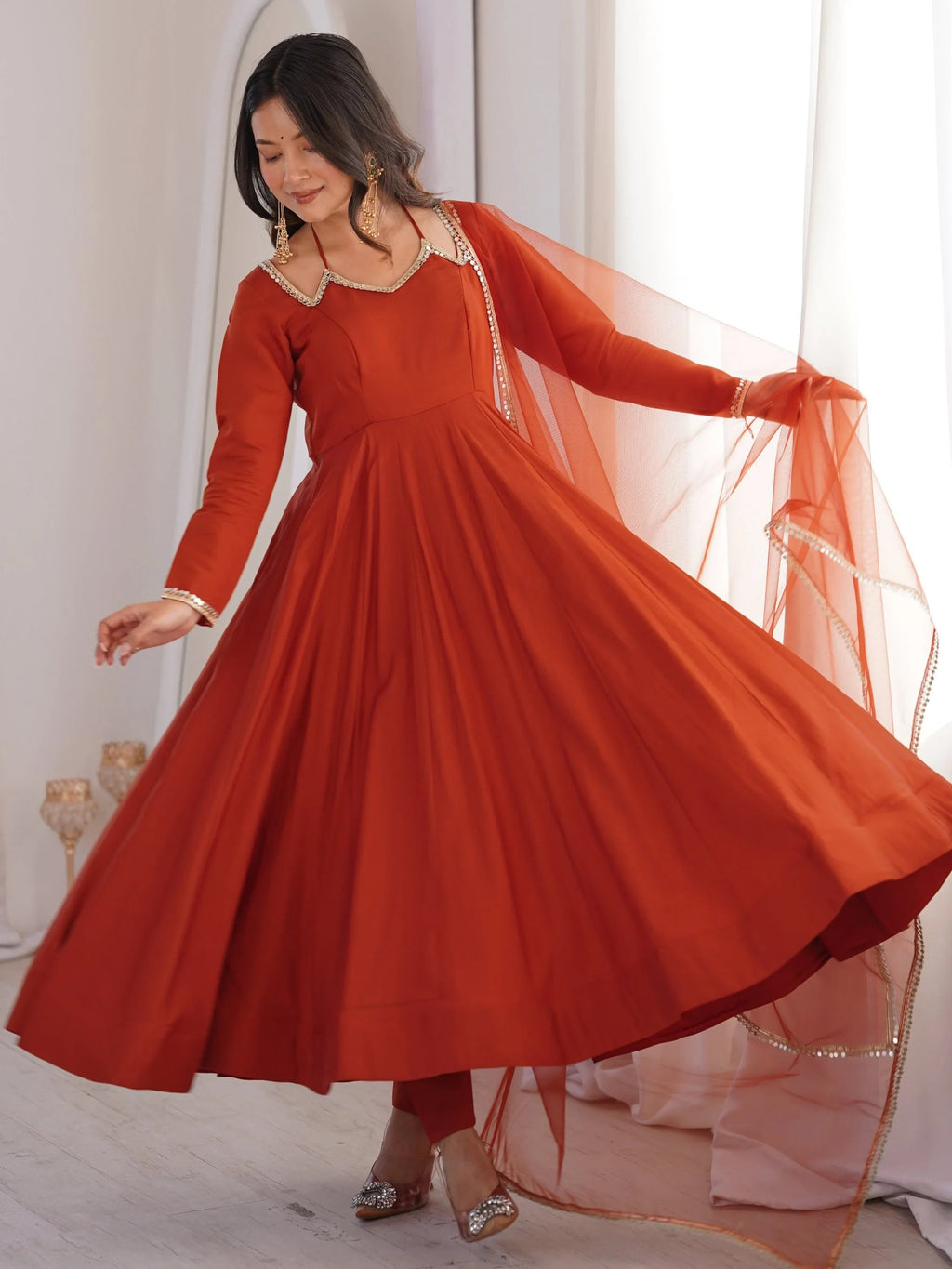 Rust Charming Plain Georgette Wedding Wear Anarakali Suit