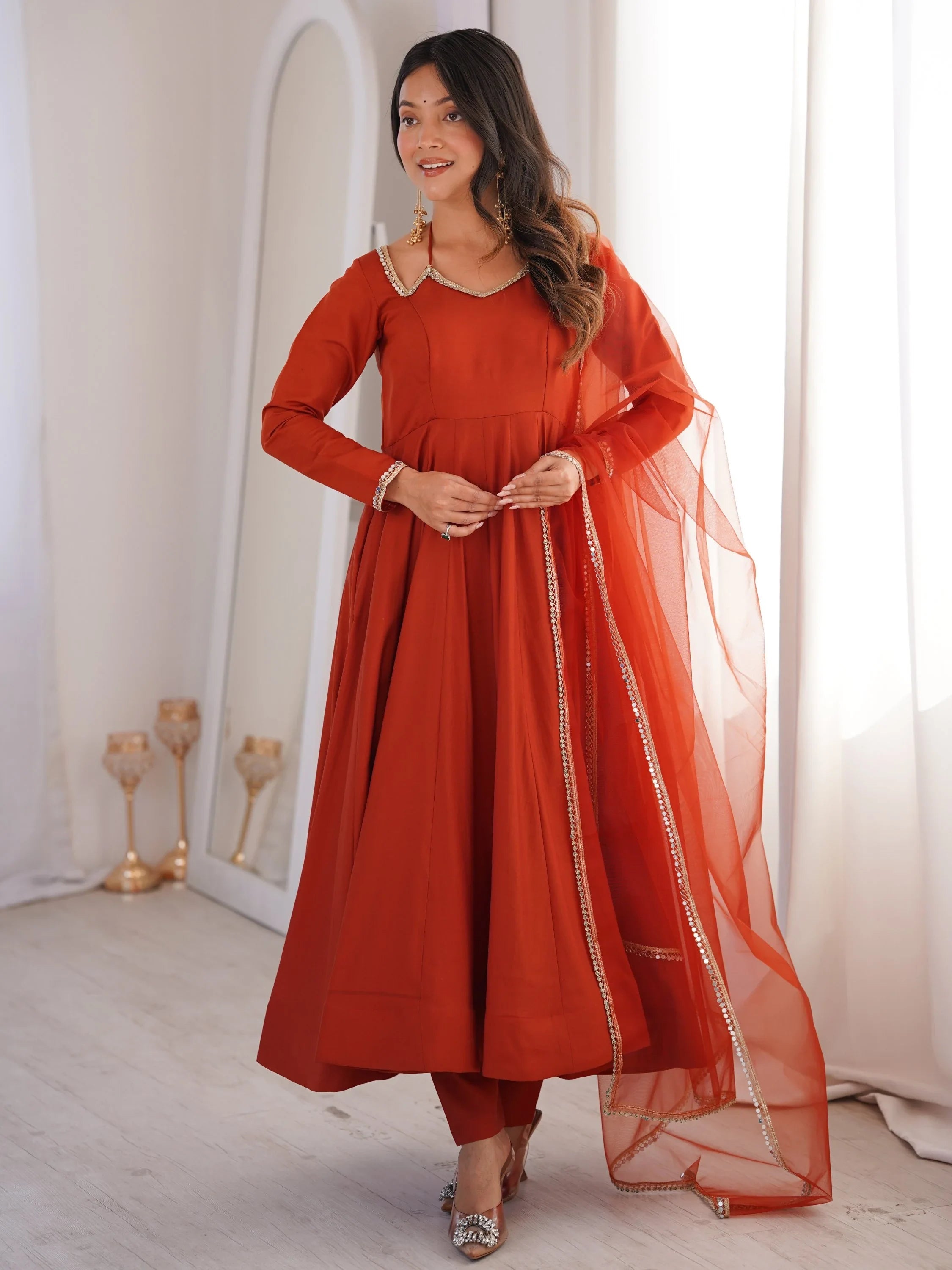 Rust Charming Plain Georgette Wedding Wear Anarakali Suit