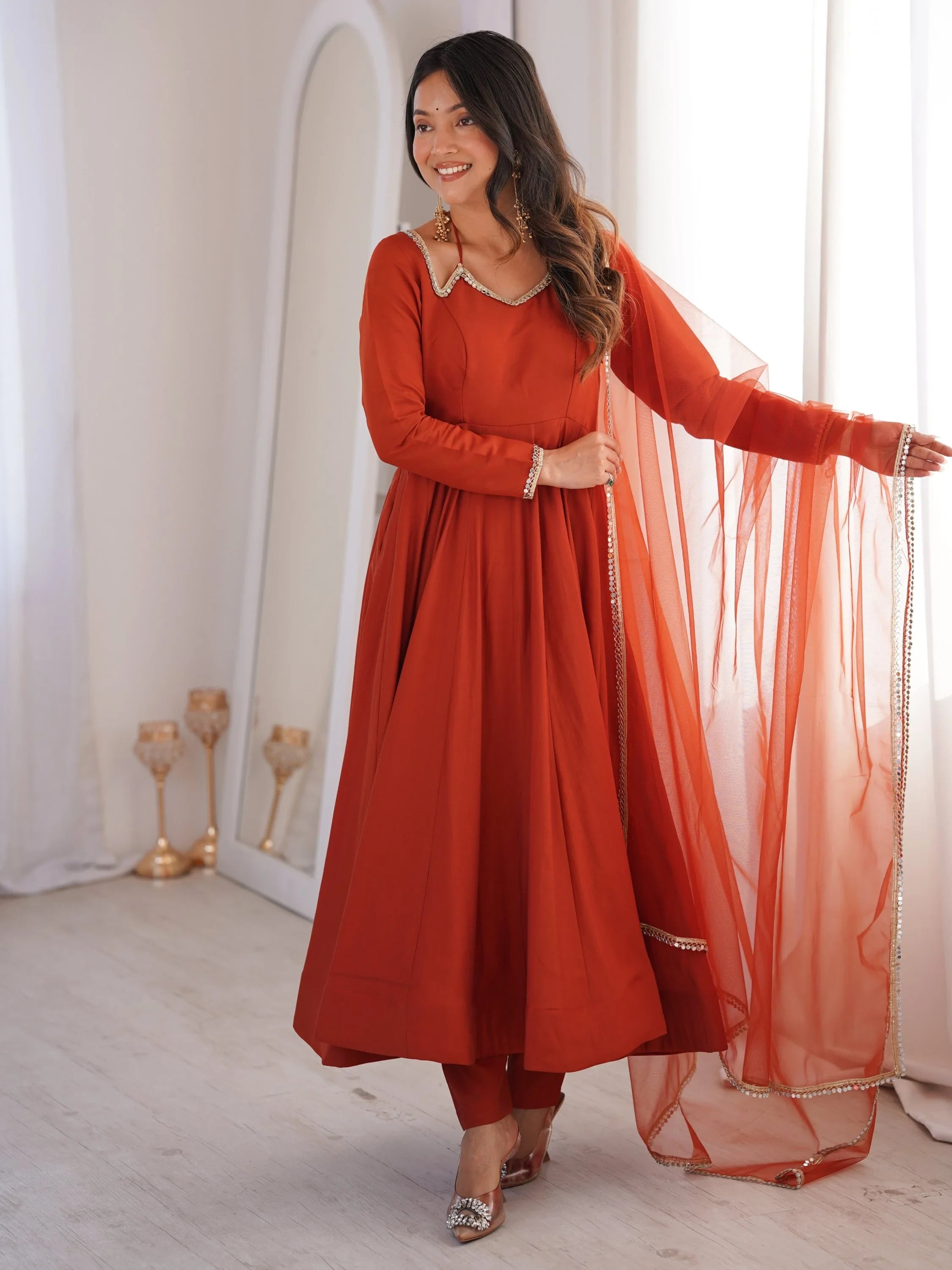 Rust Charming Plain Georgette Wedding Wear Anarakali Suit