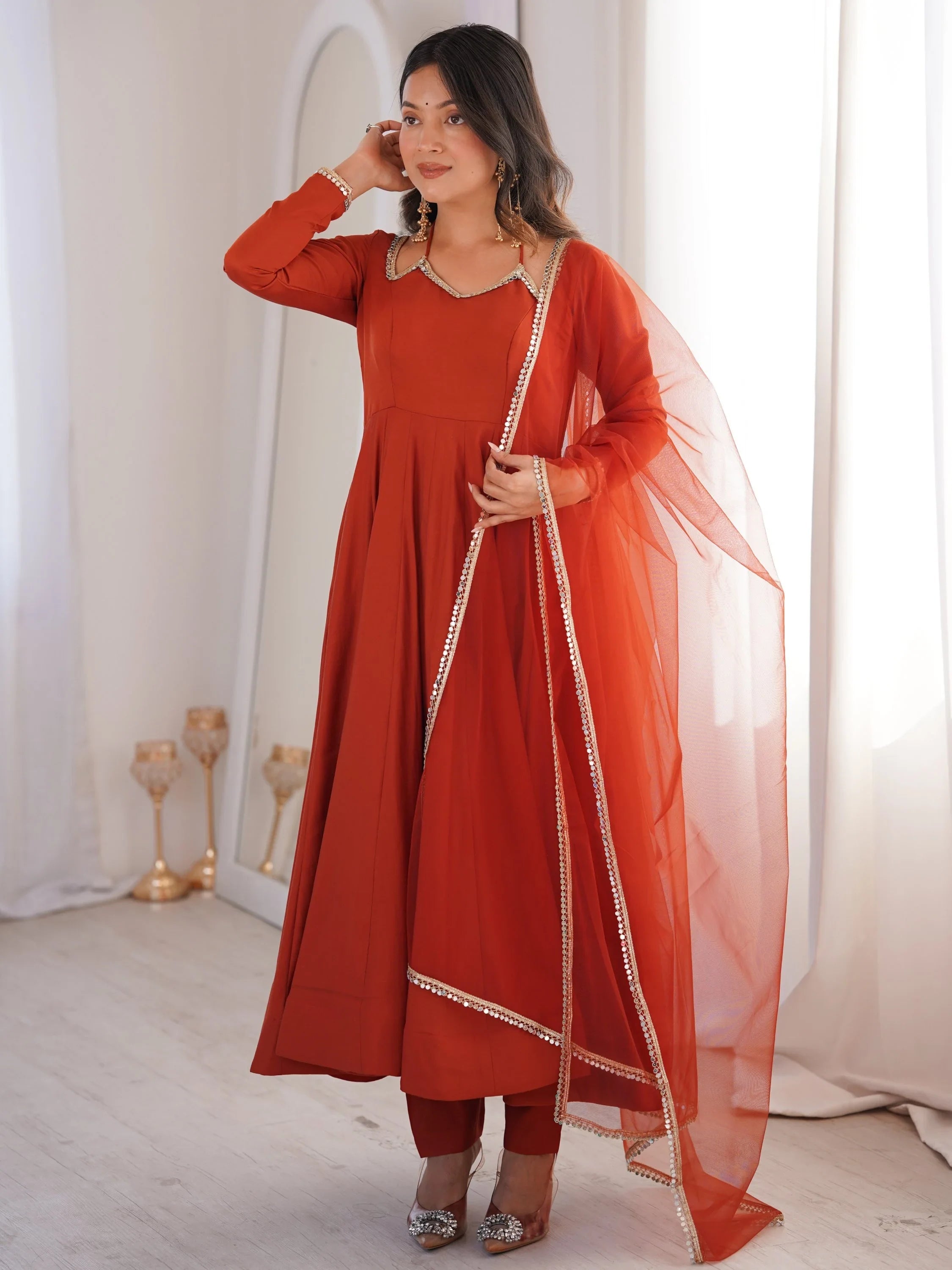 Rust Charming Plain Georgette Wedding Wear Anarakali Suit