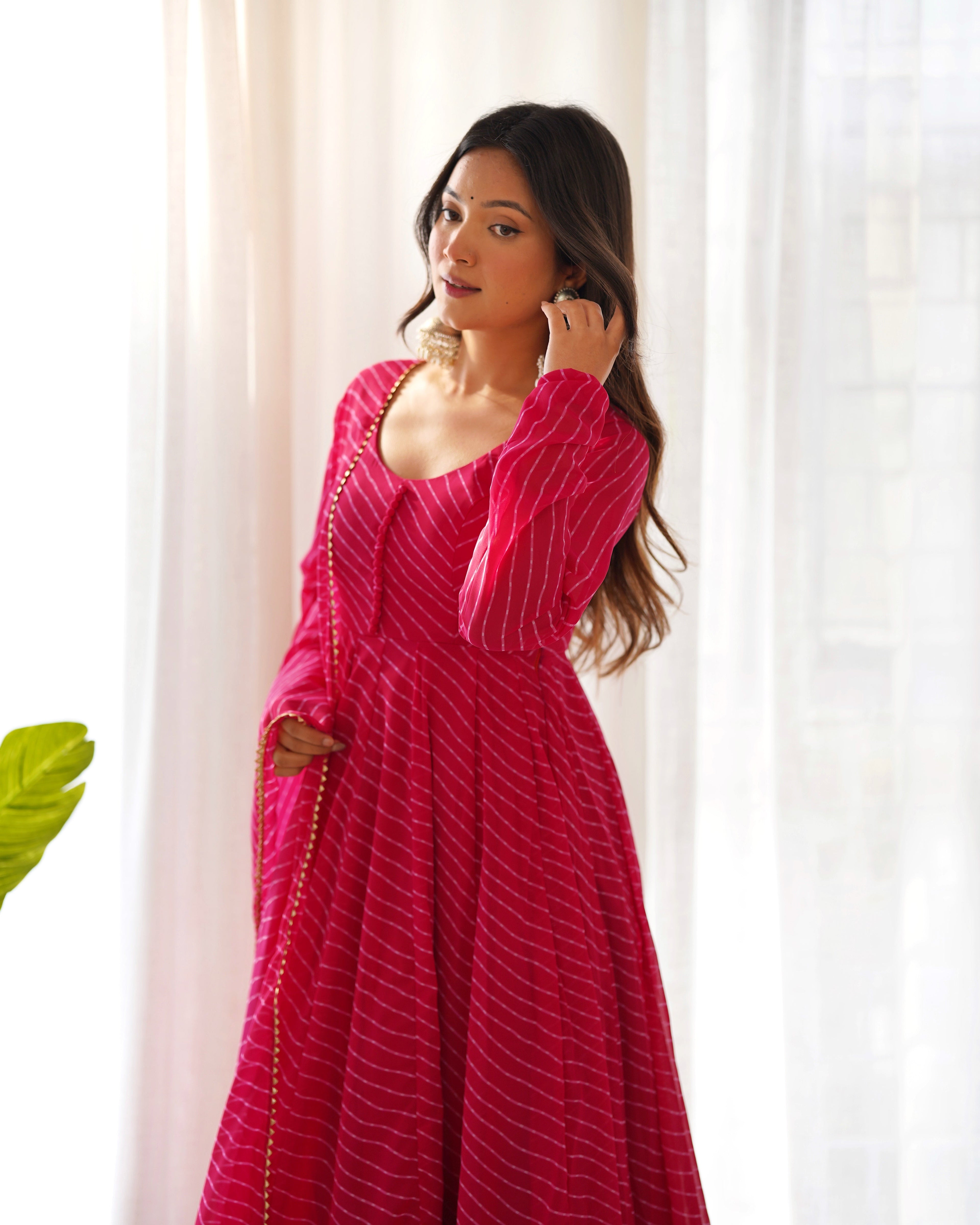 Pink Pure Soft Fox Georgette Anarkali Suit Set With Huge Flair, Dupatta & Pant