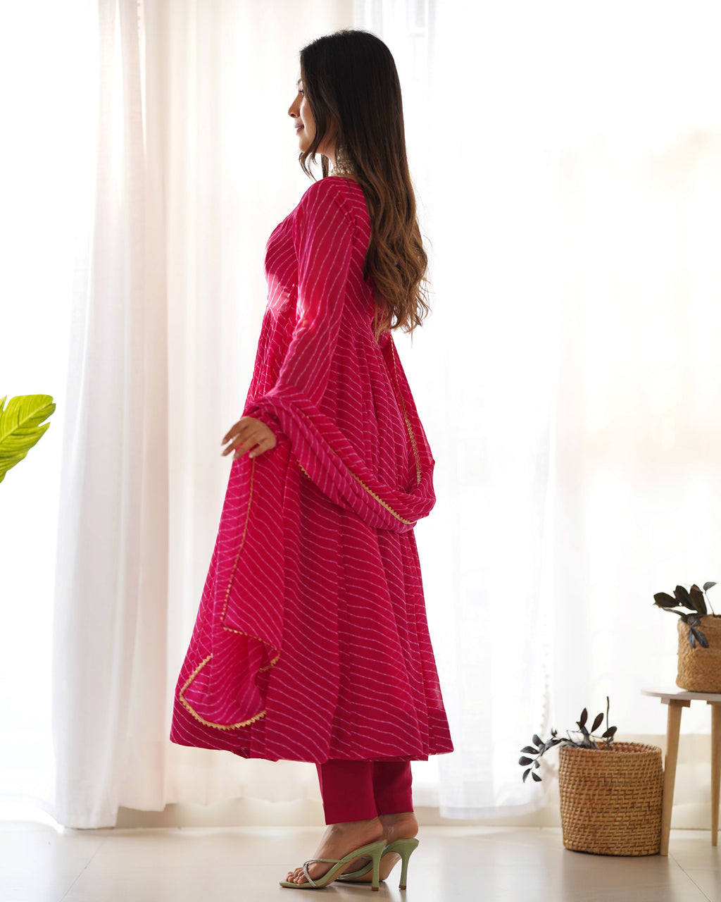 Pink Pure Soft Fox Georgette Anarkali Suit Set With Huge Flair, Dupatta & Pant