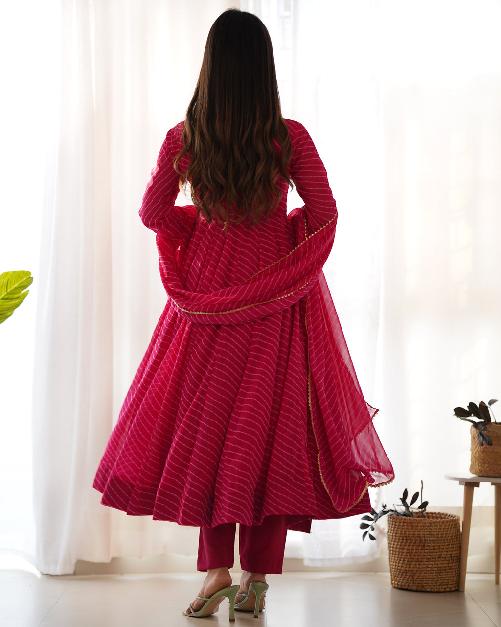 Pink Pure Soft Fox Georgette Anarkali Suit Set With Huge Flair, Dupatta & Pant