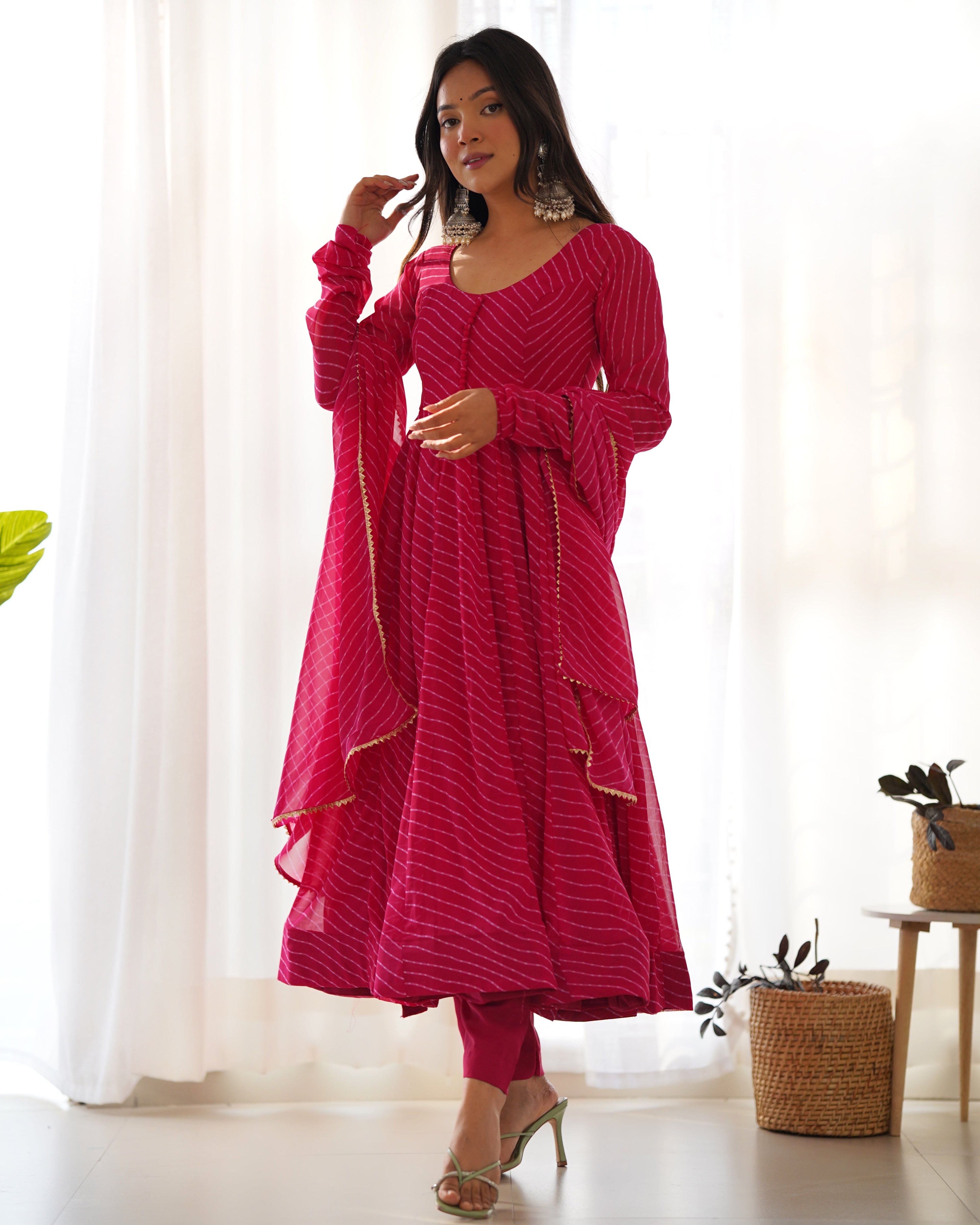 Pink Pure Soft Fox Georgette Anarkali Suit Set With Huge Flair, Dupatta & Pant