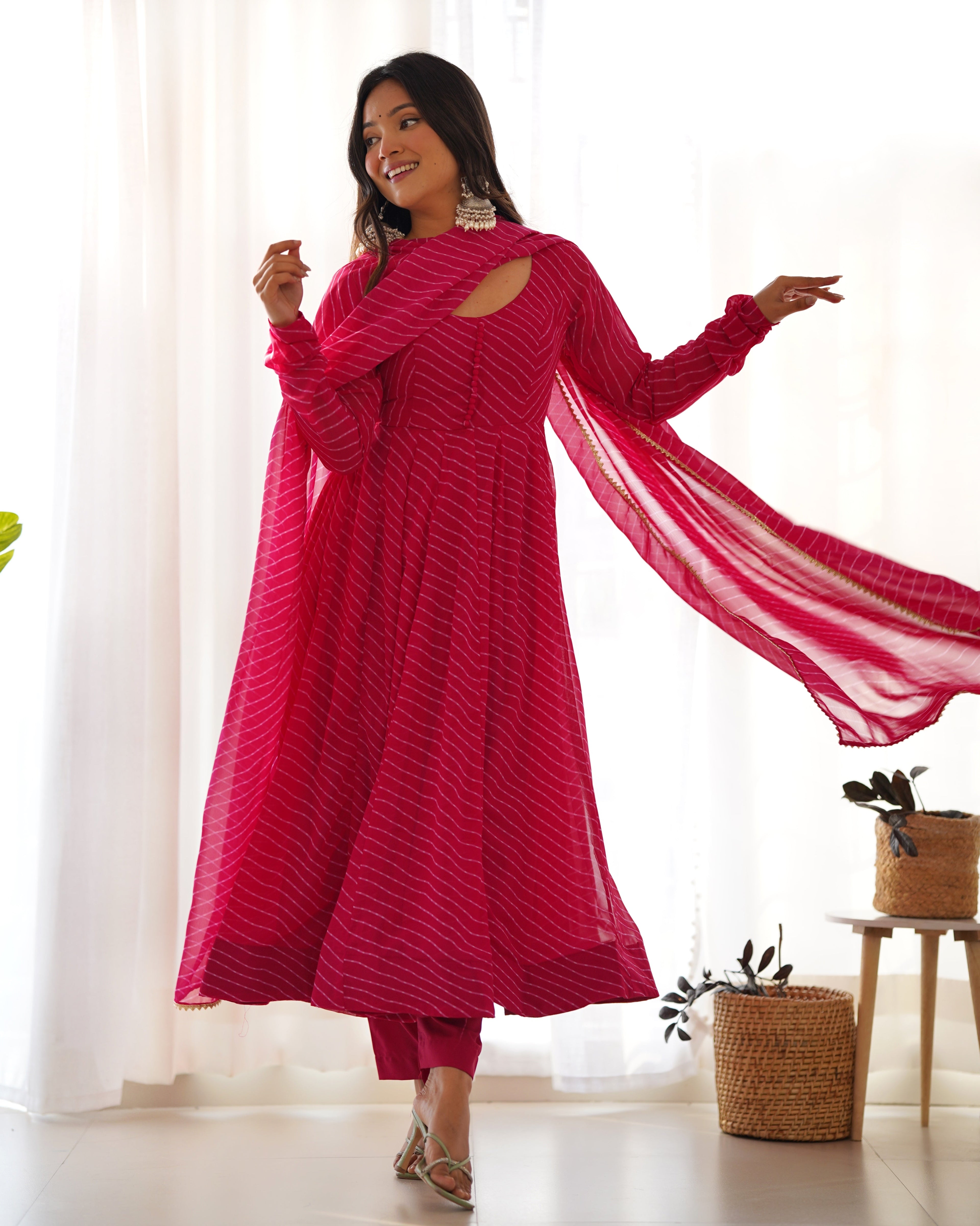 Pink Pure Soft Fox Georgette Anarkali Suit Set With Huge Flair, Dupatta & Pant