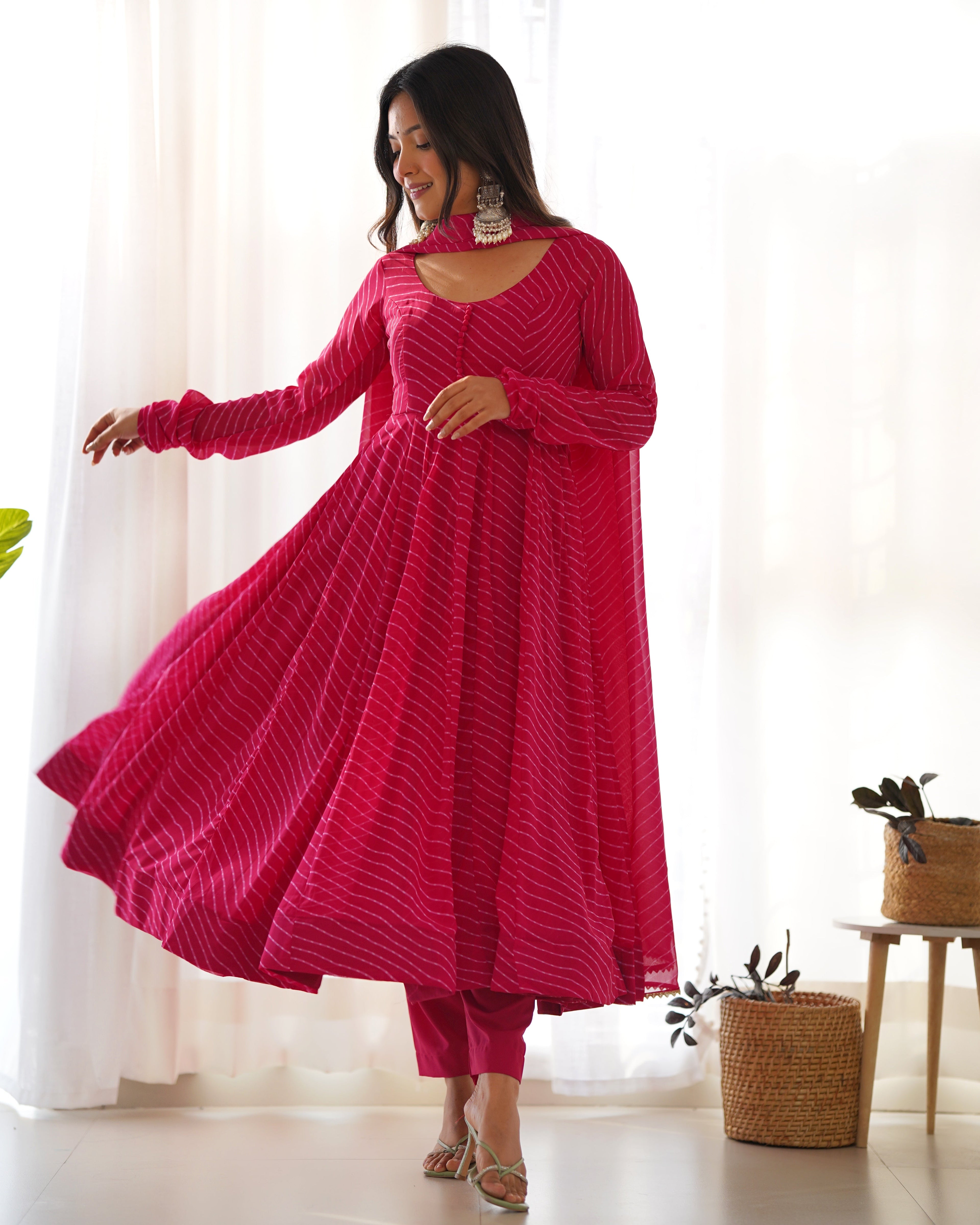 Pink Pure Soft Fox Georgette Anarkali Suit Set With Huge Flair, Dupatta & Pant