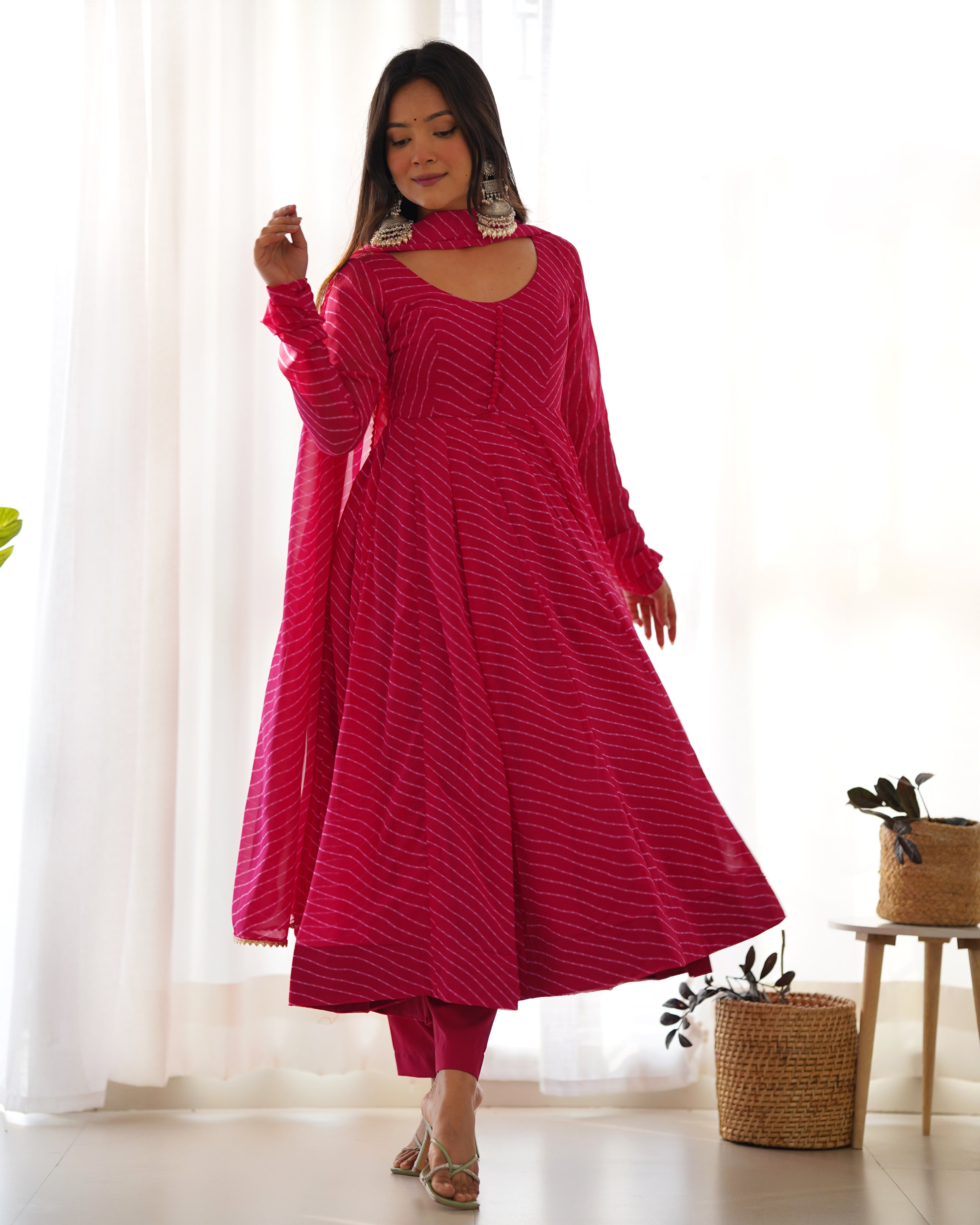Pink Pure Soft Fox Georgette Anarkali Suit Set With Huge Flair, Dupatta & Pant