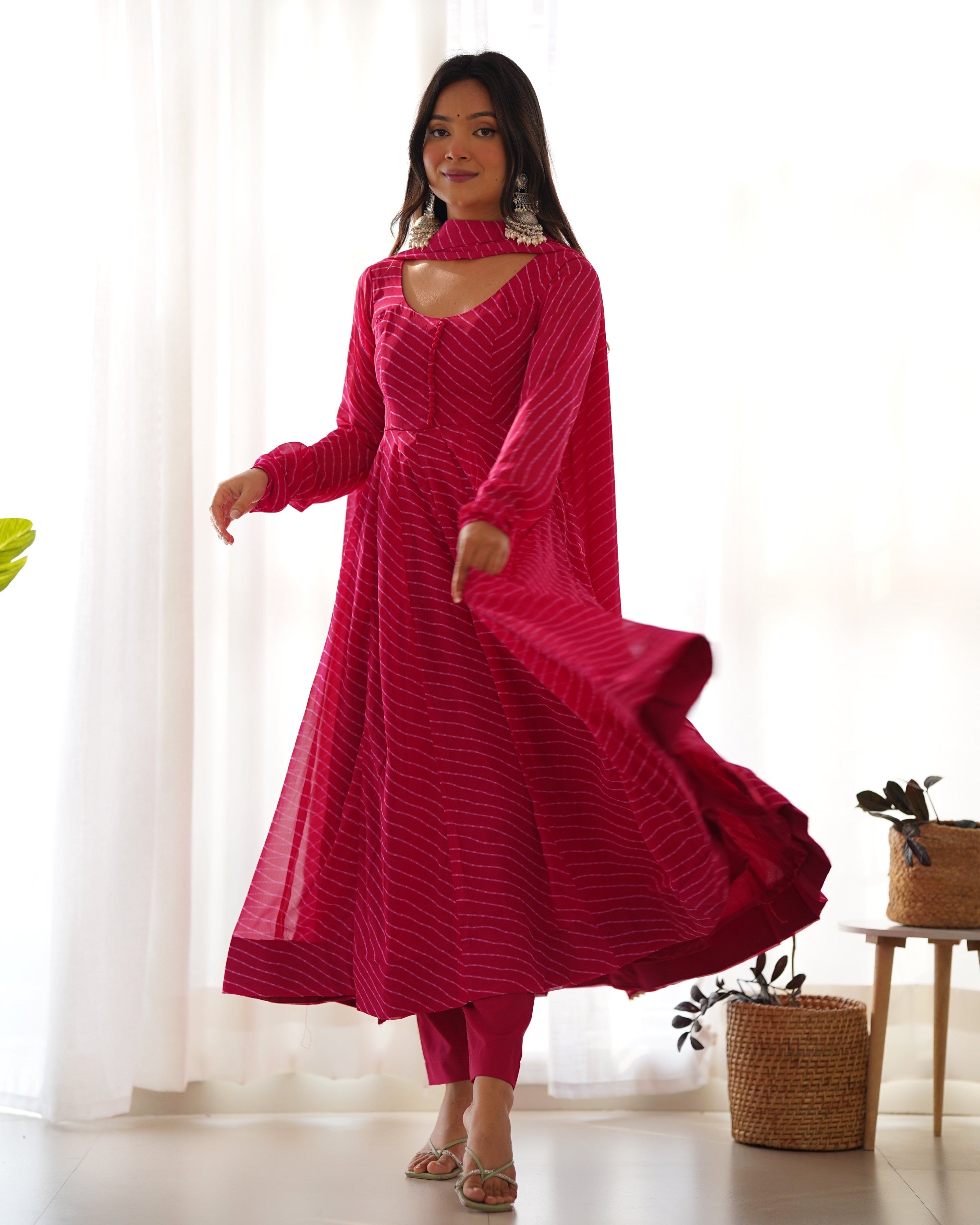 Pink Pure Soft Fox Georgette Anarkali Suit Set With Huge Flair, Dupatta & Pant