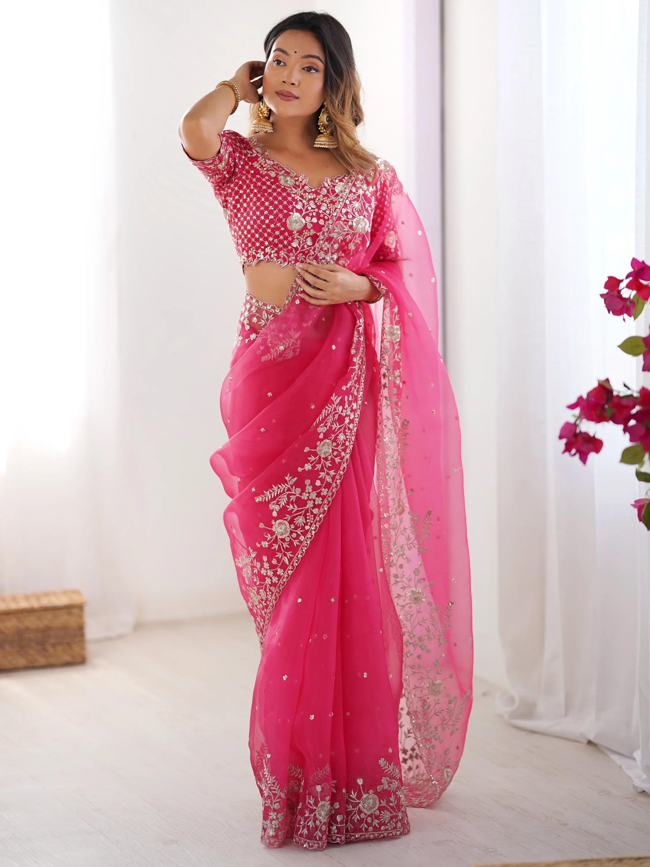 Pink Beautiful Embroidered Organza Festive Wear Saree With Blouse