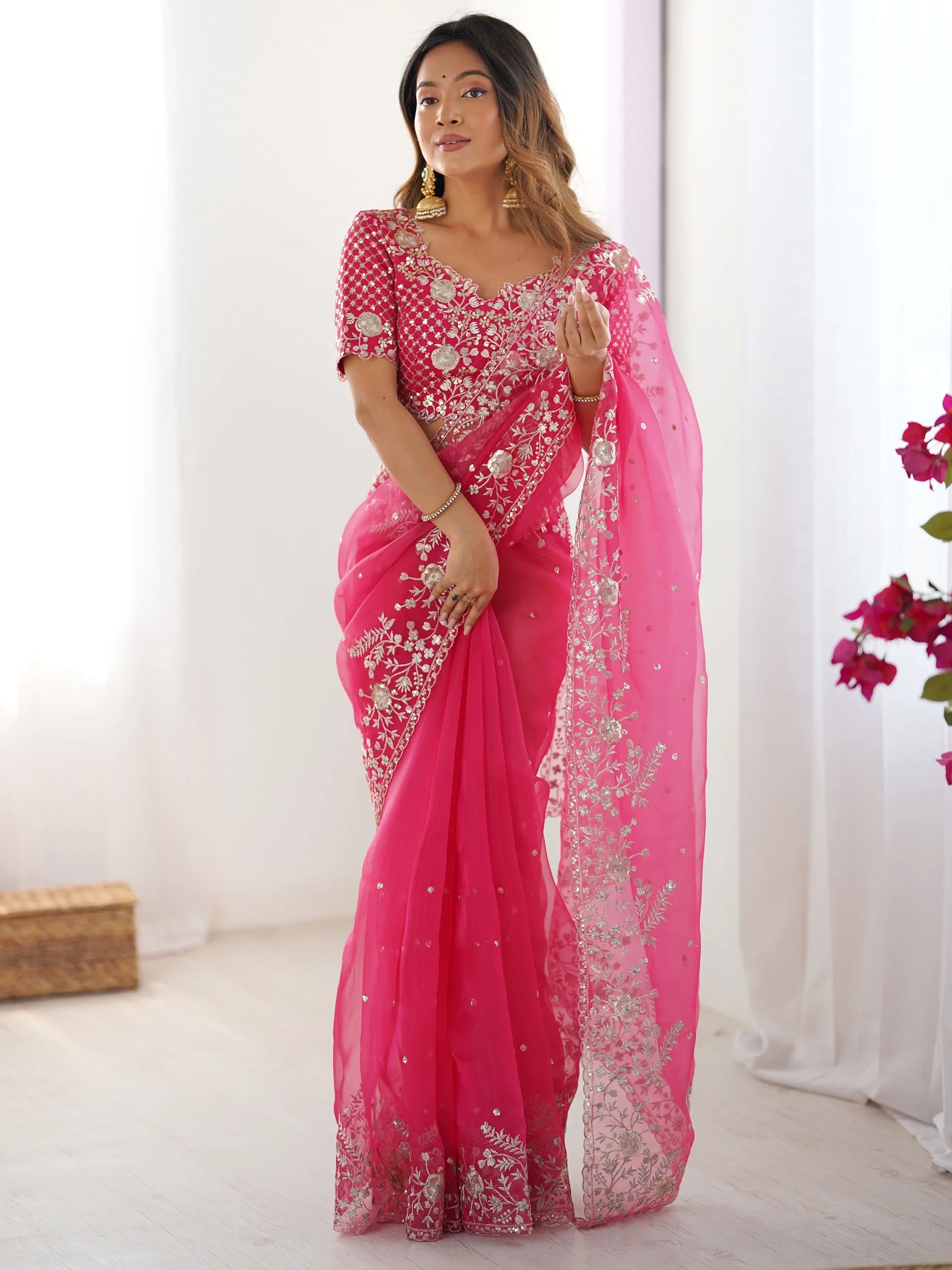 Pink Beautiful Embroidered Organza Festive Wear Saree With Blouse