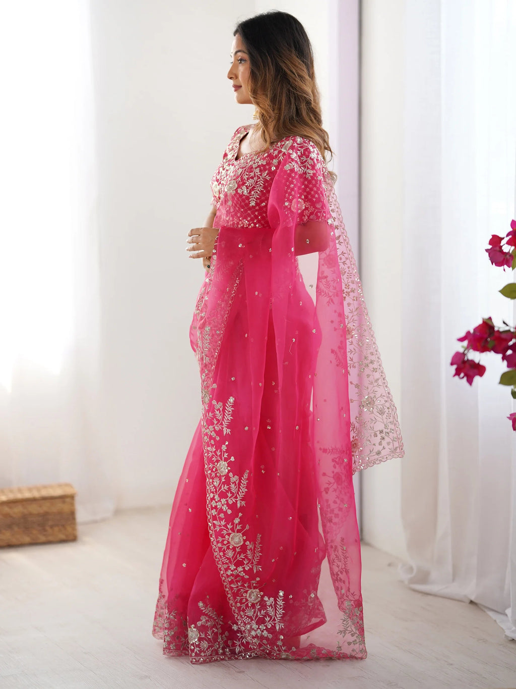 Pink Beautiful Embroidered Organza Festive Wear Saree With Blouse