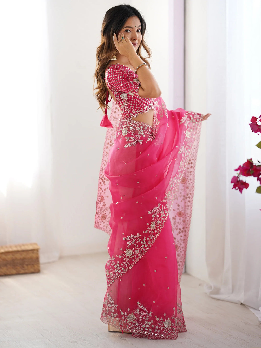 Pink Beautiful Embroidered Organza Festive Wear Saree With Blouse