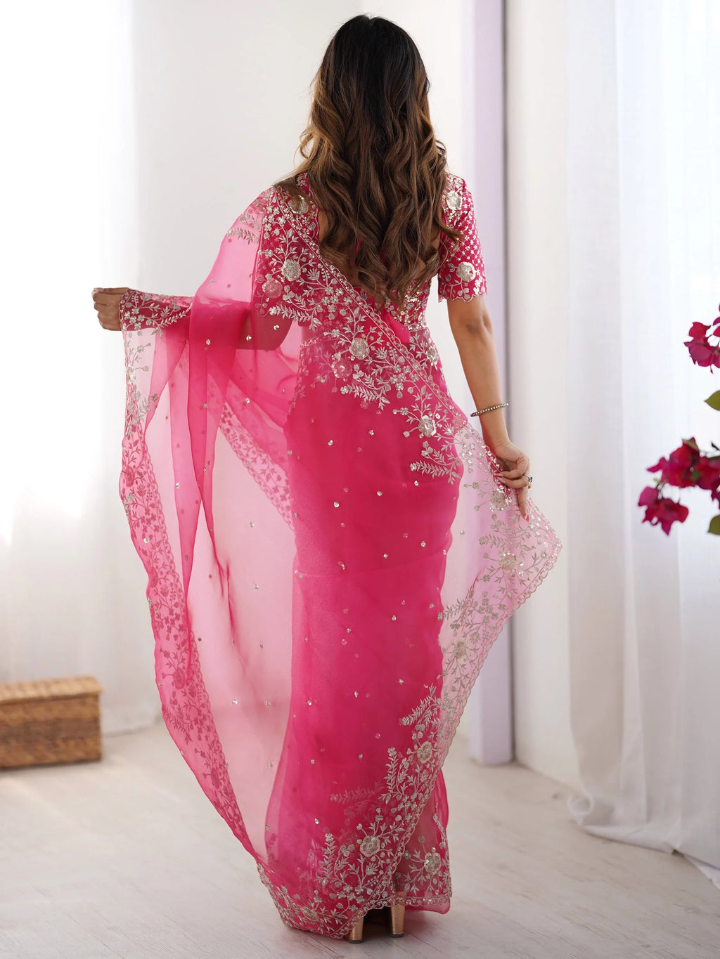 Pink Beautiful Embroidered Organza Festive Wear Saree With Blouse