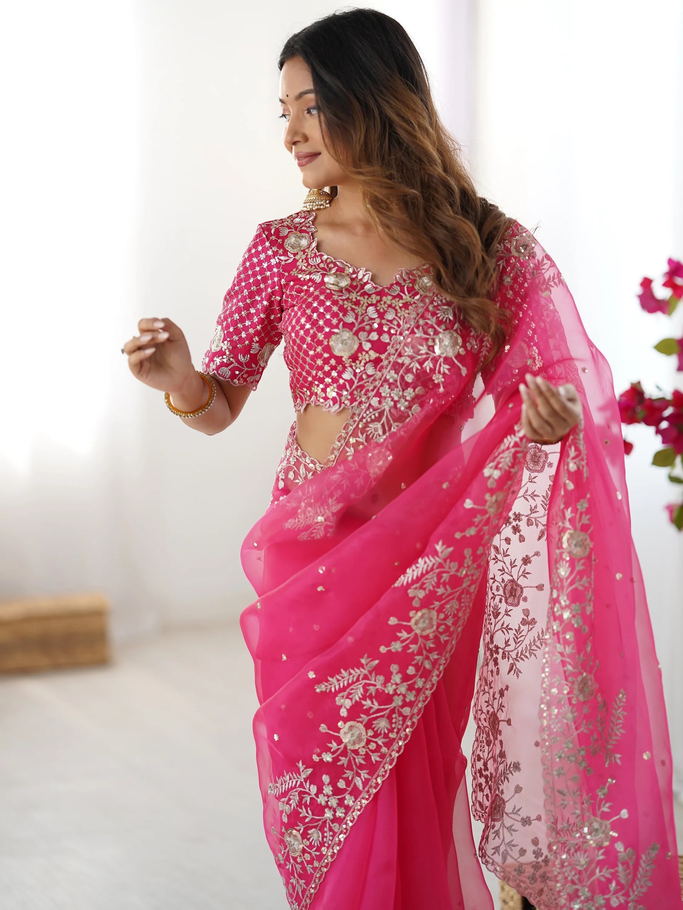 Pink Beautiful Embroidered Organza Festive Wear Saree With Blouse