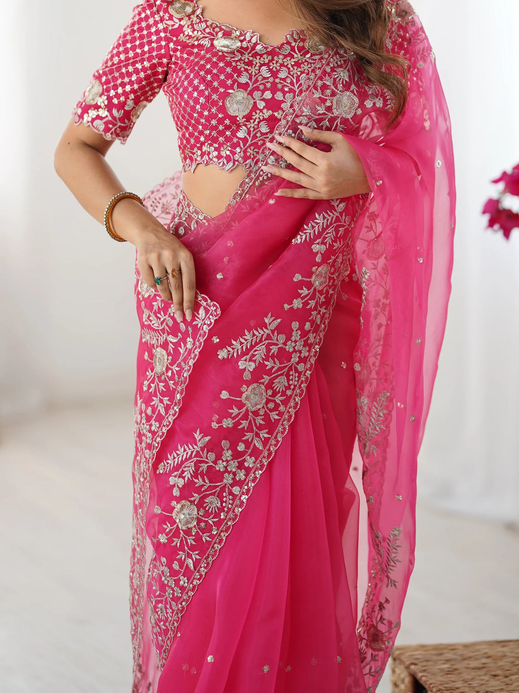 Pink Beautiful Embroidered Organza Festive Wear Saree With Blouse