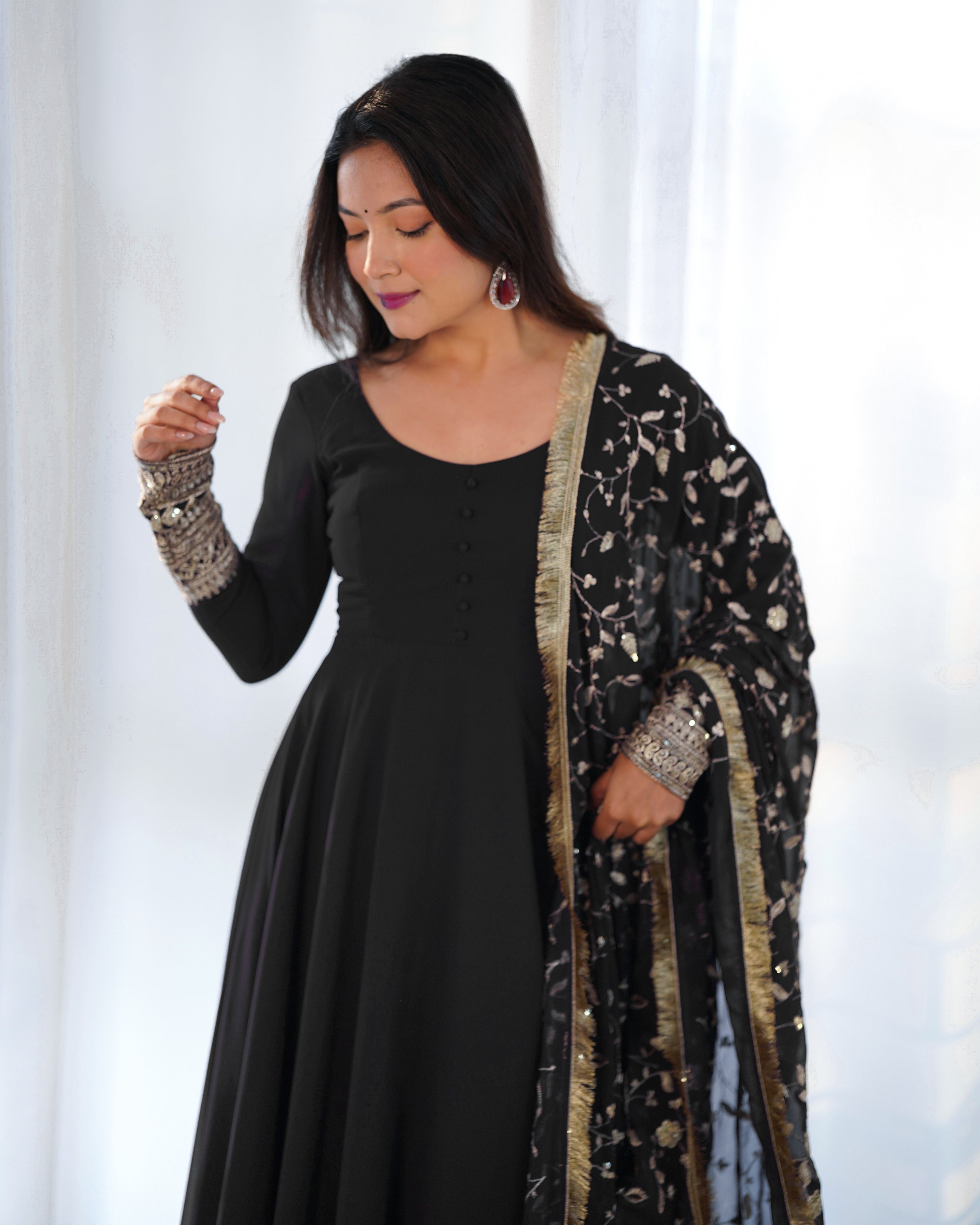 Black Pure Soft Georgette Anarkali Suit Set with Huge Flair & Dupatta for Festivals