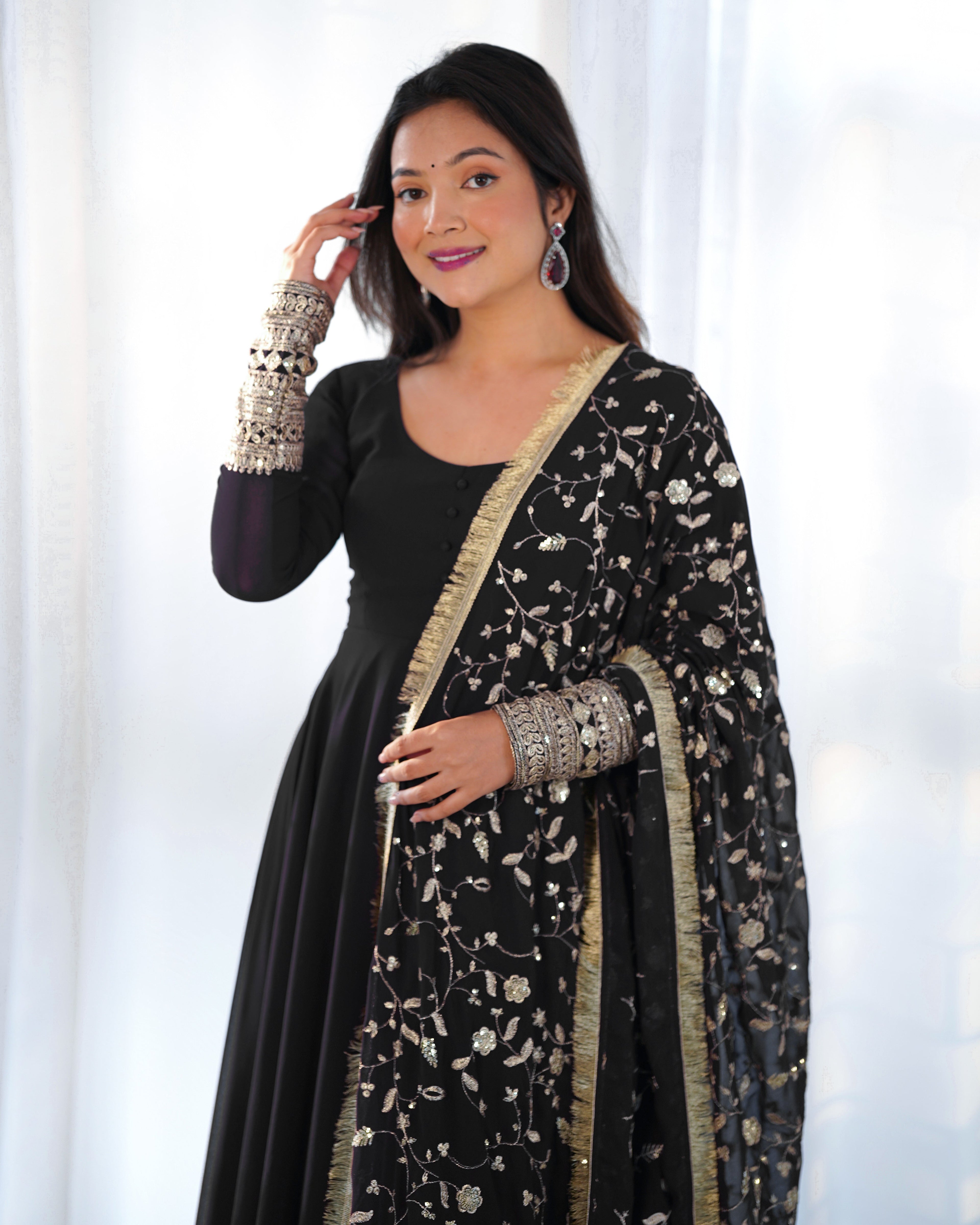 Black Pure Soft Georgette Anarkali Suit Set with Huge Flair & Dupatta for Festivals