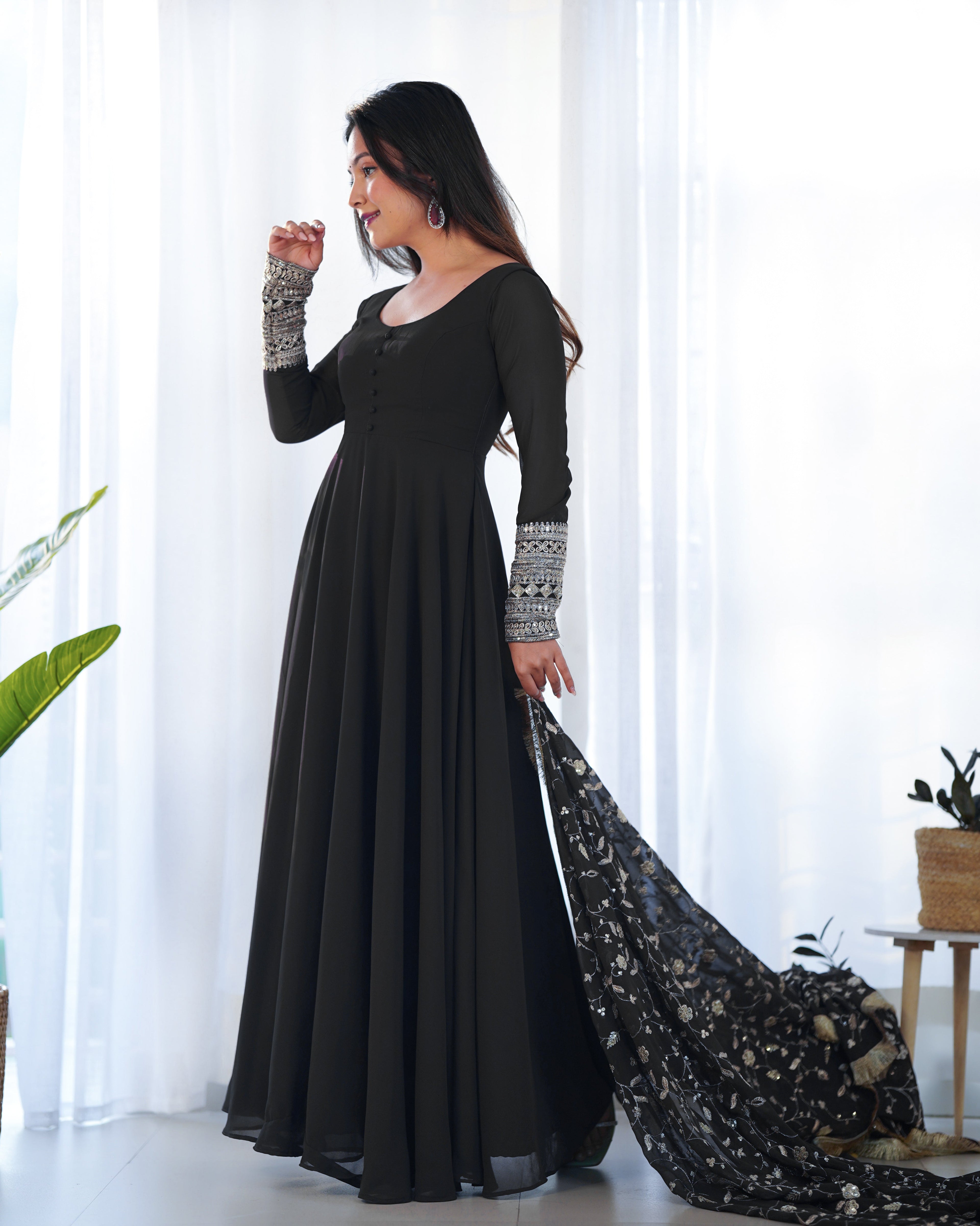 Black Pure Soft Georgette Anarkali Suit Set with Huge Flair & Dupatta for Festivals