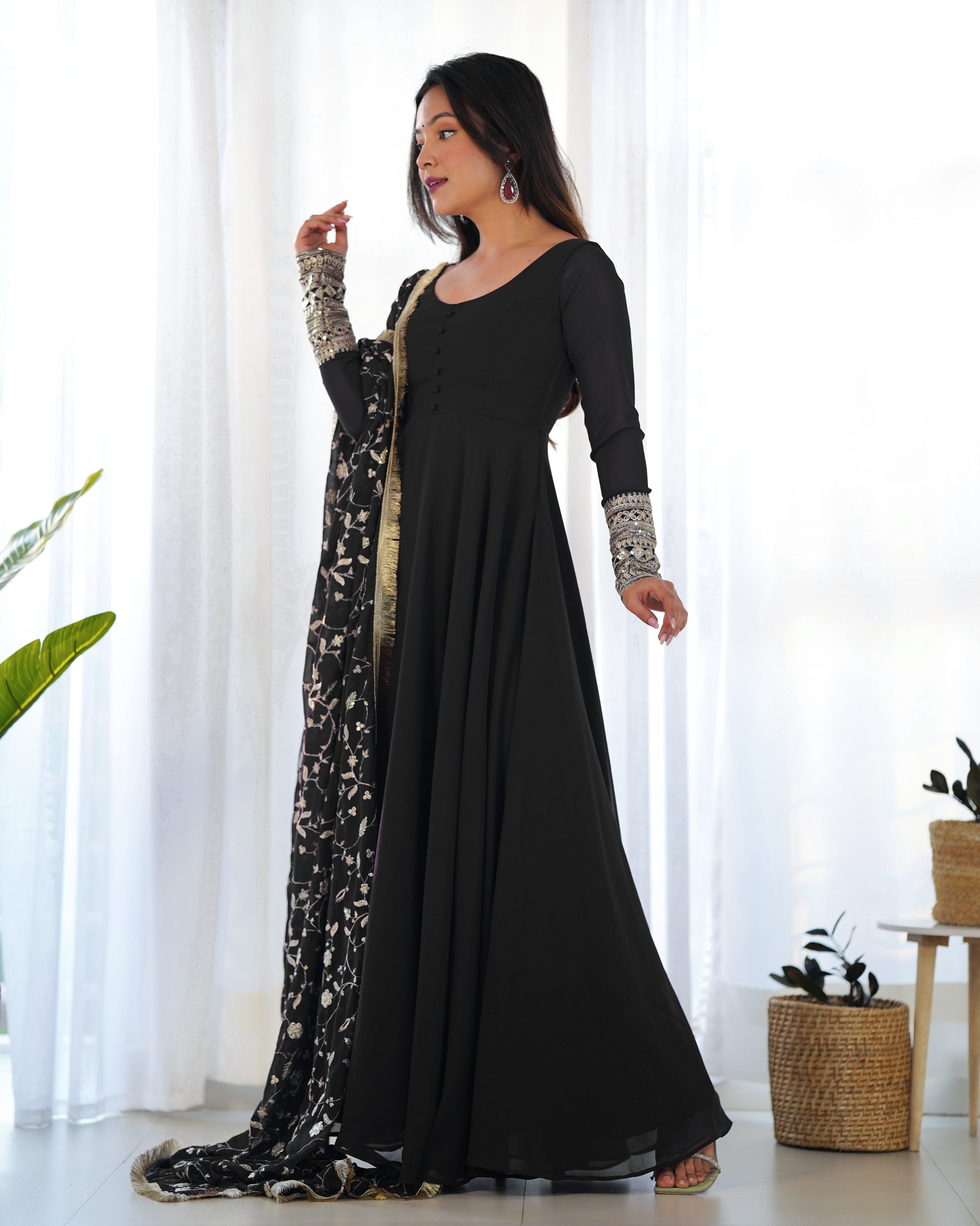 Black Pure Soft Georgette Anarkali Suit Set with Huge Flair & Dupatta for Festivals