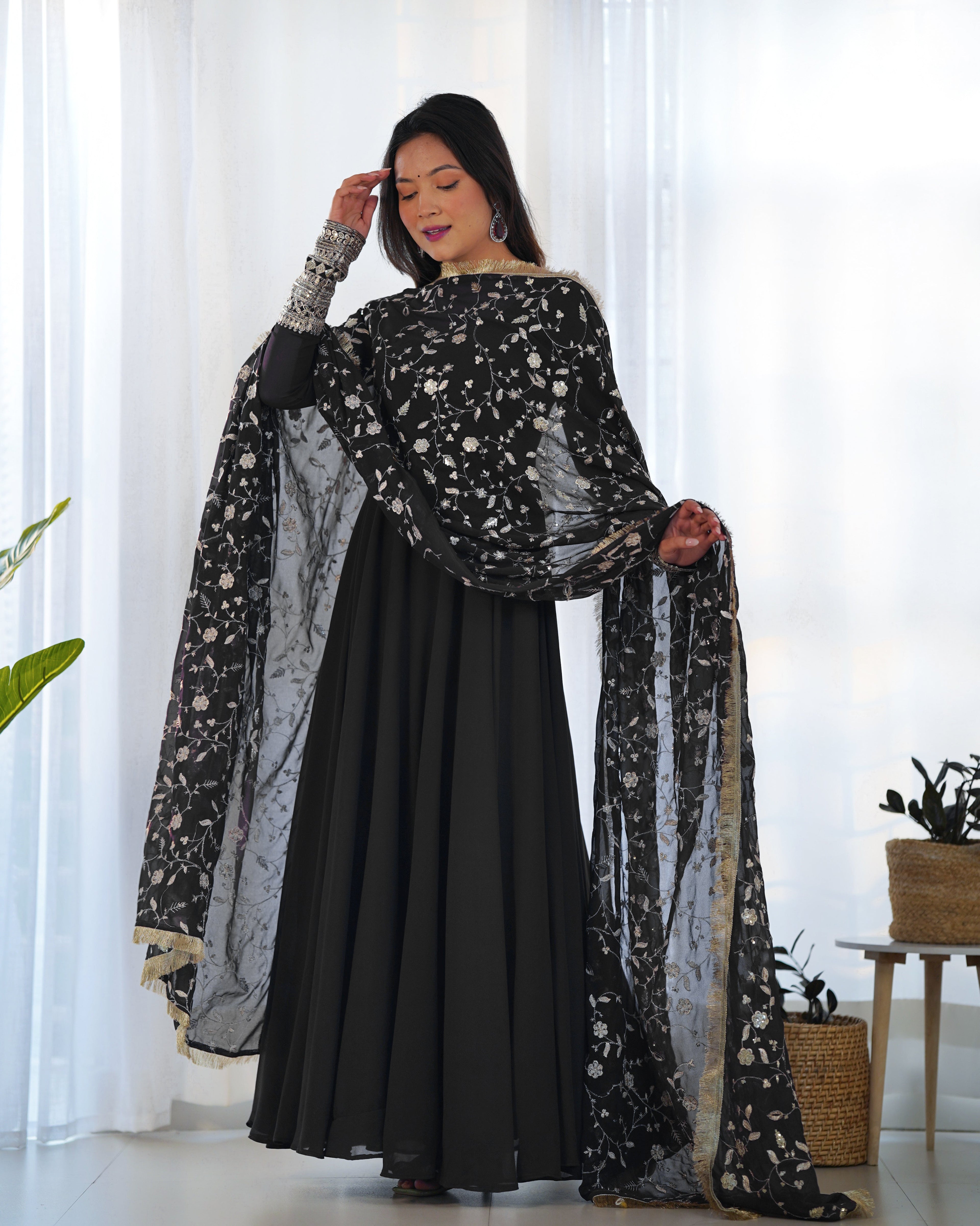 Black Pure Soft Georgette Anarkali Suit Set with Huge Flair & Dupatta for Festivals