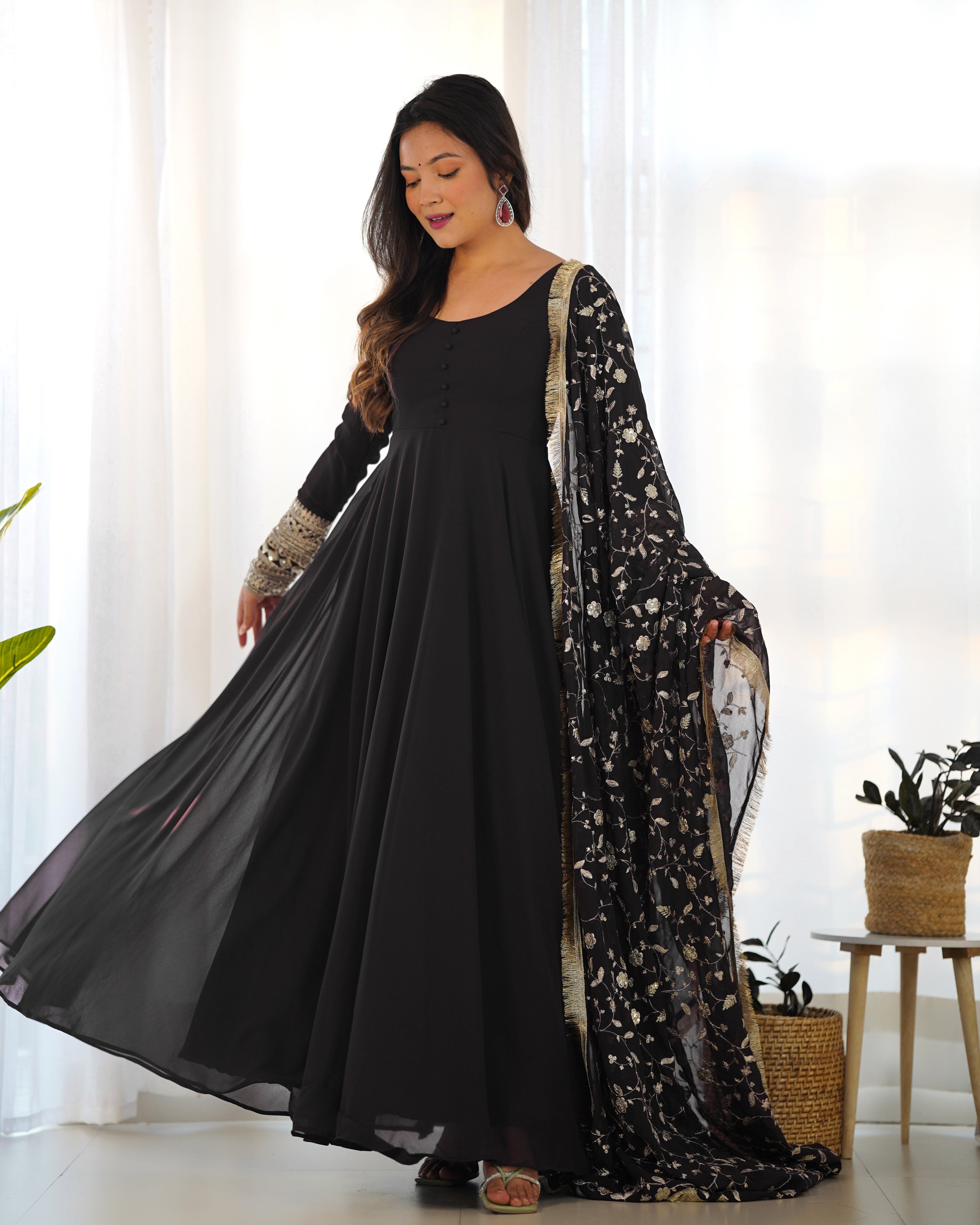 Black Pure Soft Georgette Anarkali Suit Set with Huge Flair & Dupatta for Festivals